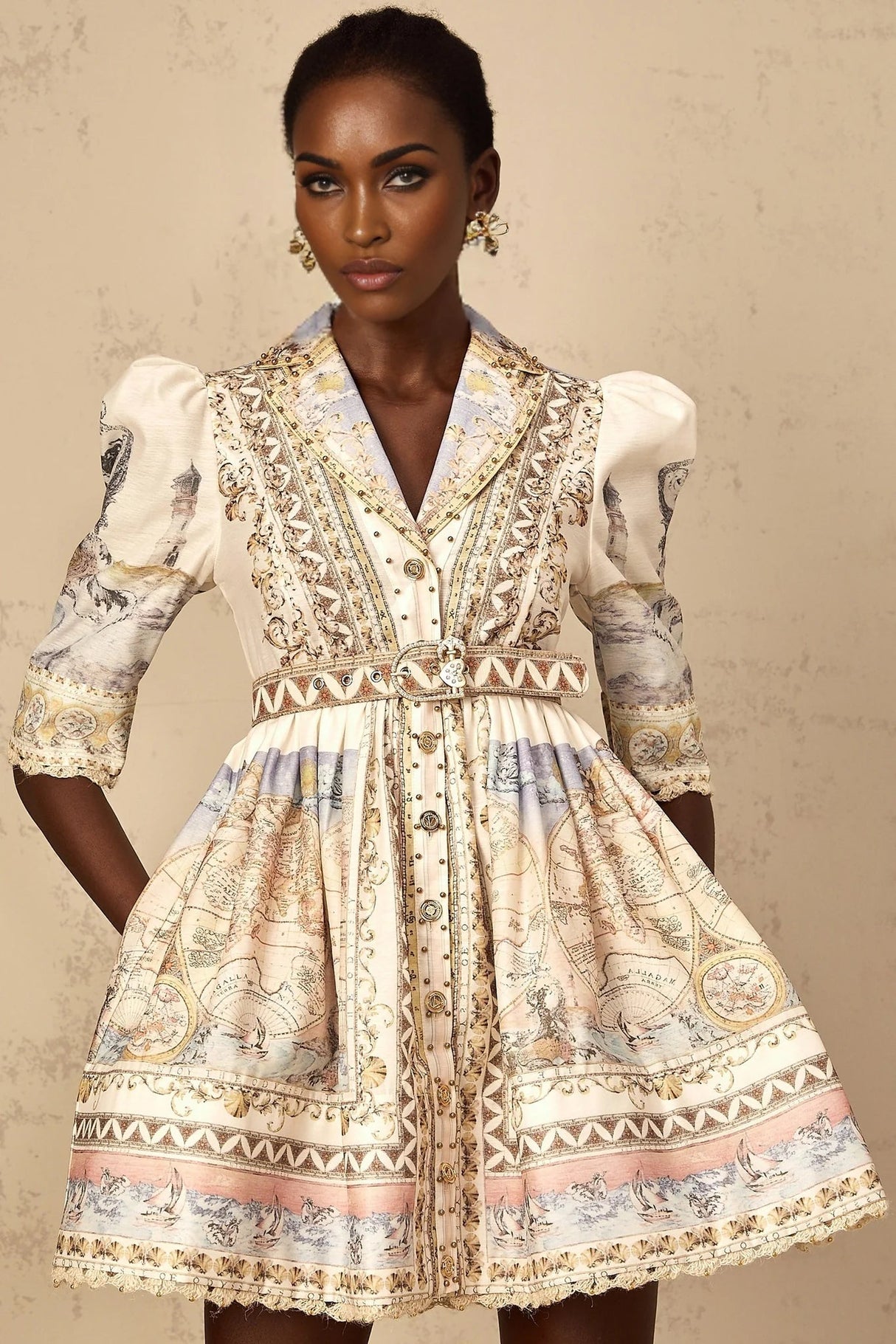 Bianchina Mini Dress Neutral Multi Belted V - Neck Pattern & Button Mini - Length