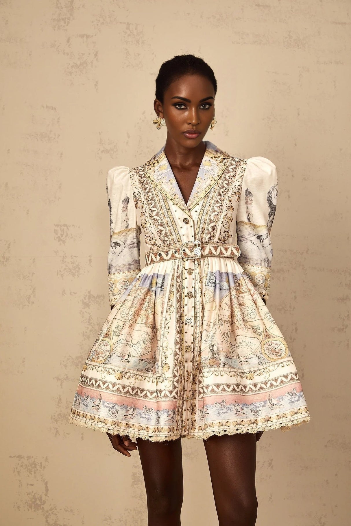 Bianchina Mini Dress Neutral Multi Belted V - Neck Pattern & Button Mini - Length