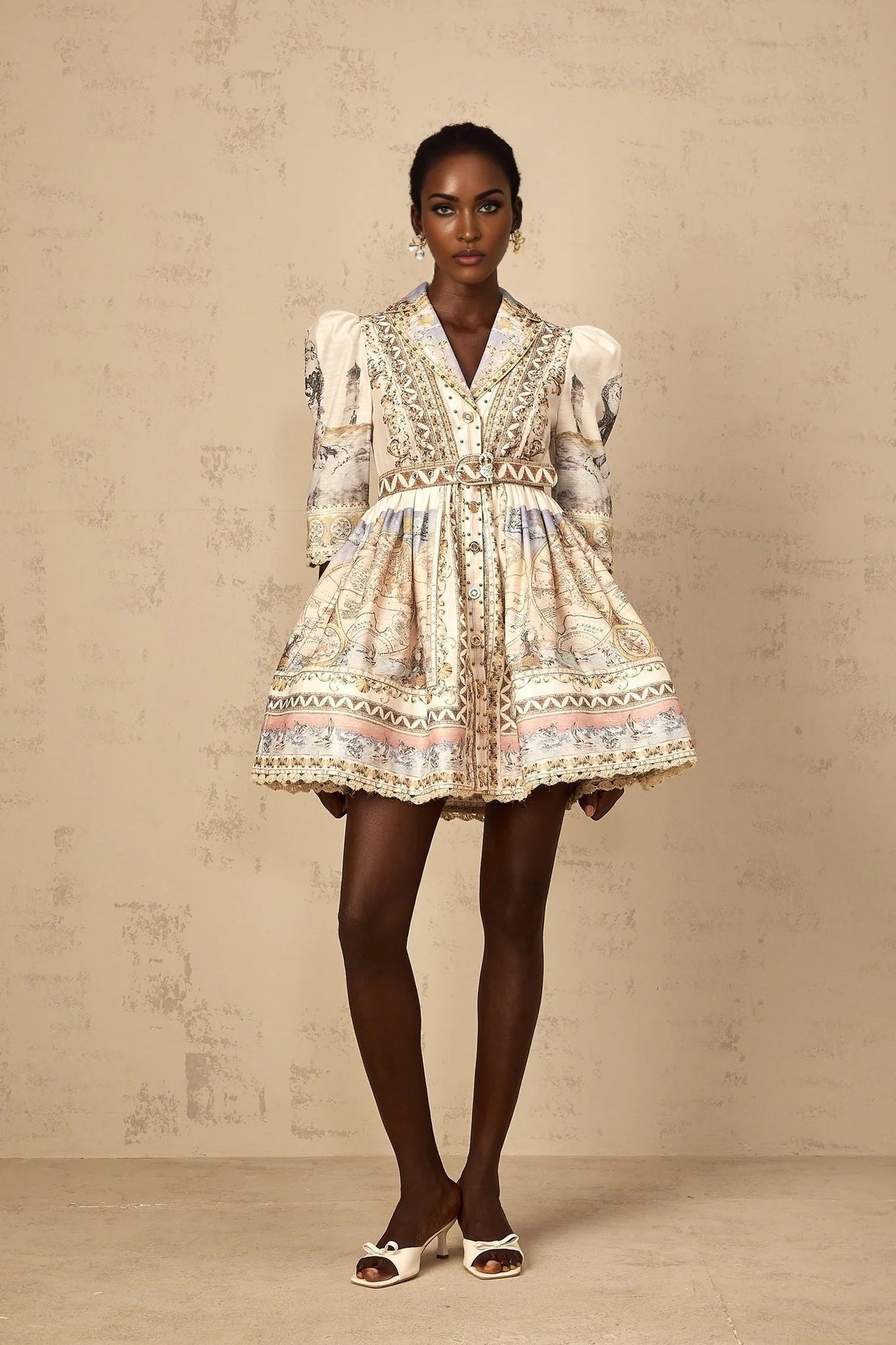 Bianchina Mini Dress Neutral Multi Belted V - Neck Pattern & Button Mini - Length