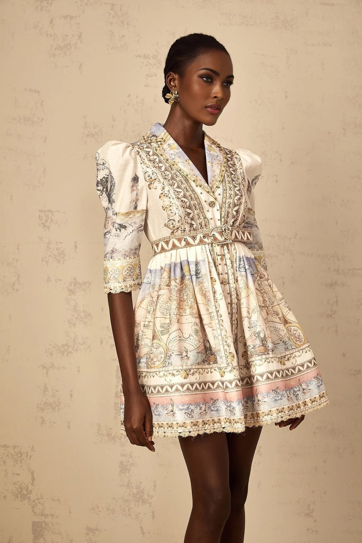 Bianchina Mini Dress Neutral Multi Belted V - Neck Pattern & Button Mini - Length