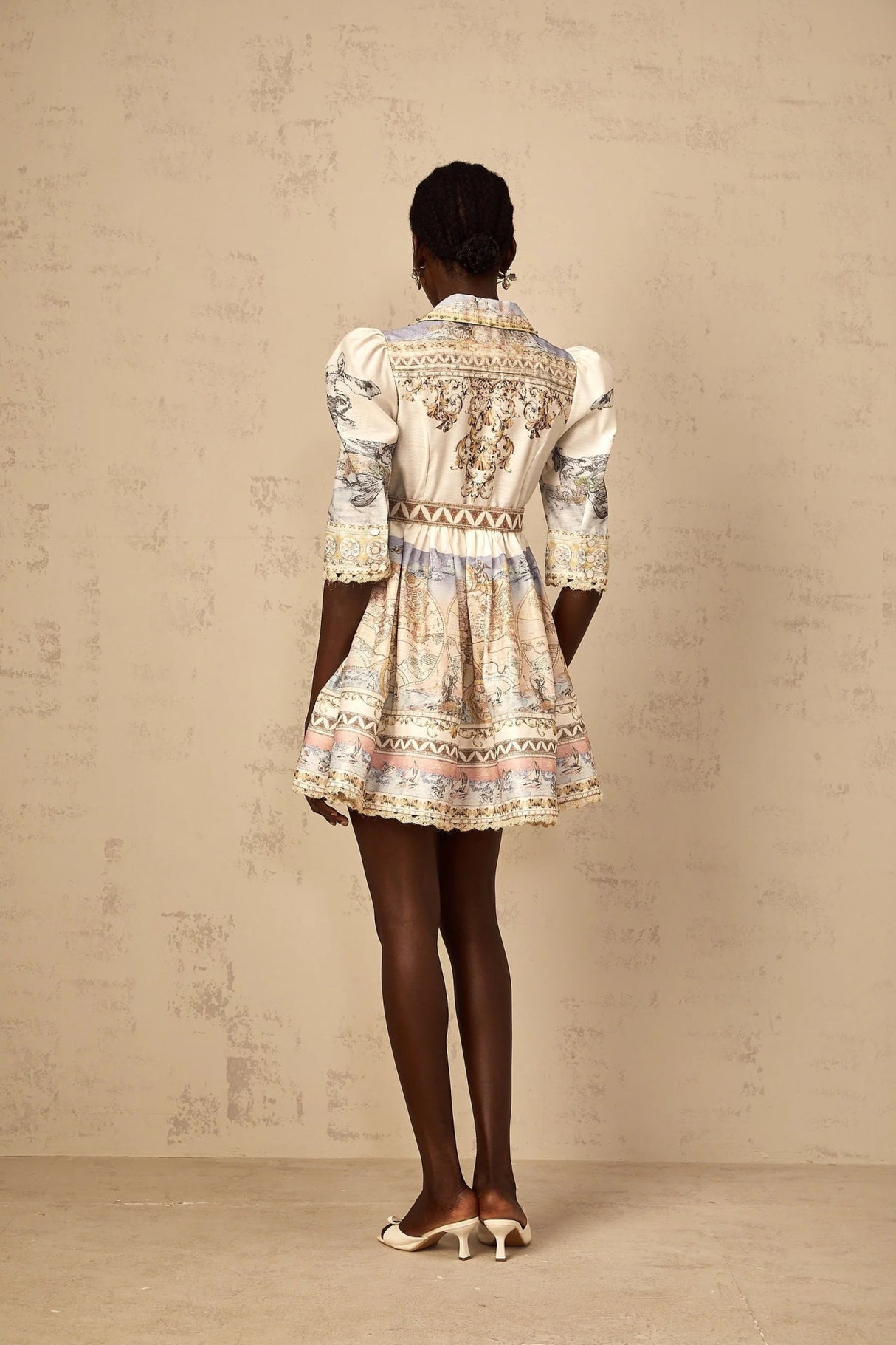 Bianchina Mini Dress Neutral Multi Belted V - Neck Pattern & Button Mini - Length