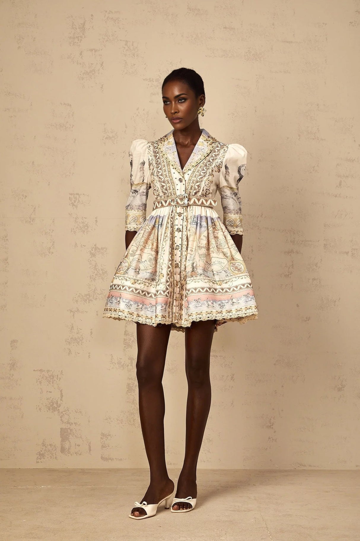 Bianchina Mini Dress Neutral Multi Belted V - Neck Pattern & Button Mini - Length