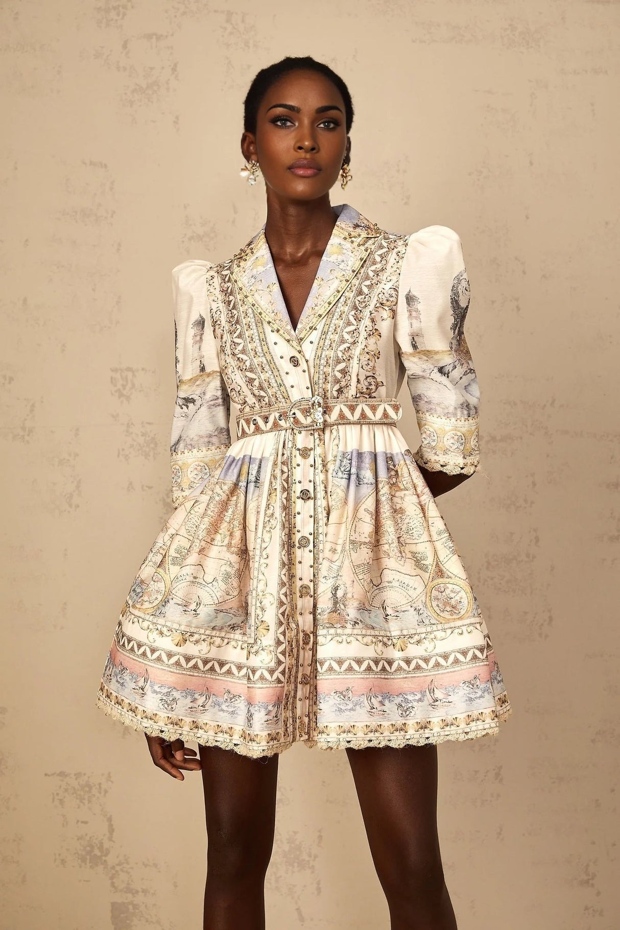 Bianchina Mini Dress Neutral Multi Belted V - Neck Pattern & Button Mini - Length