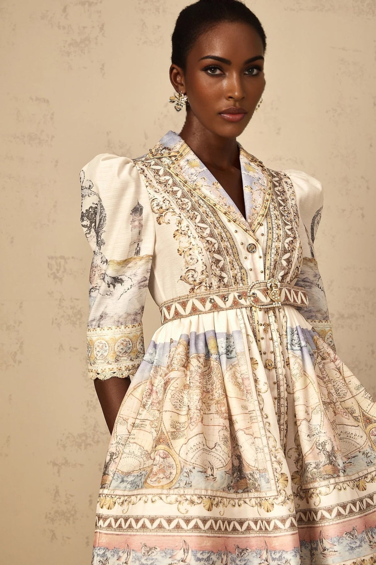 Bianchina Mini Dress Neutral Multi Belted V - Neck Pattern & Button Mini - Length