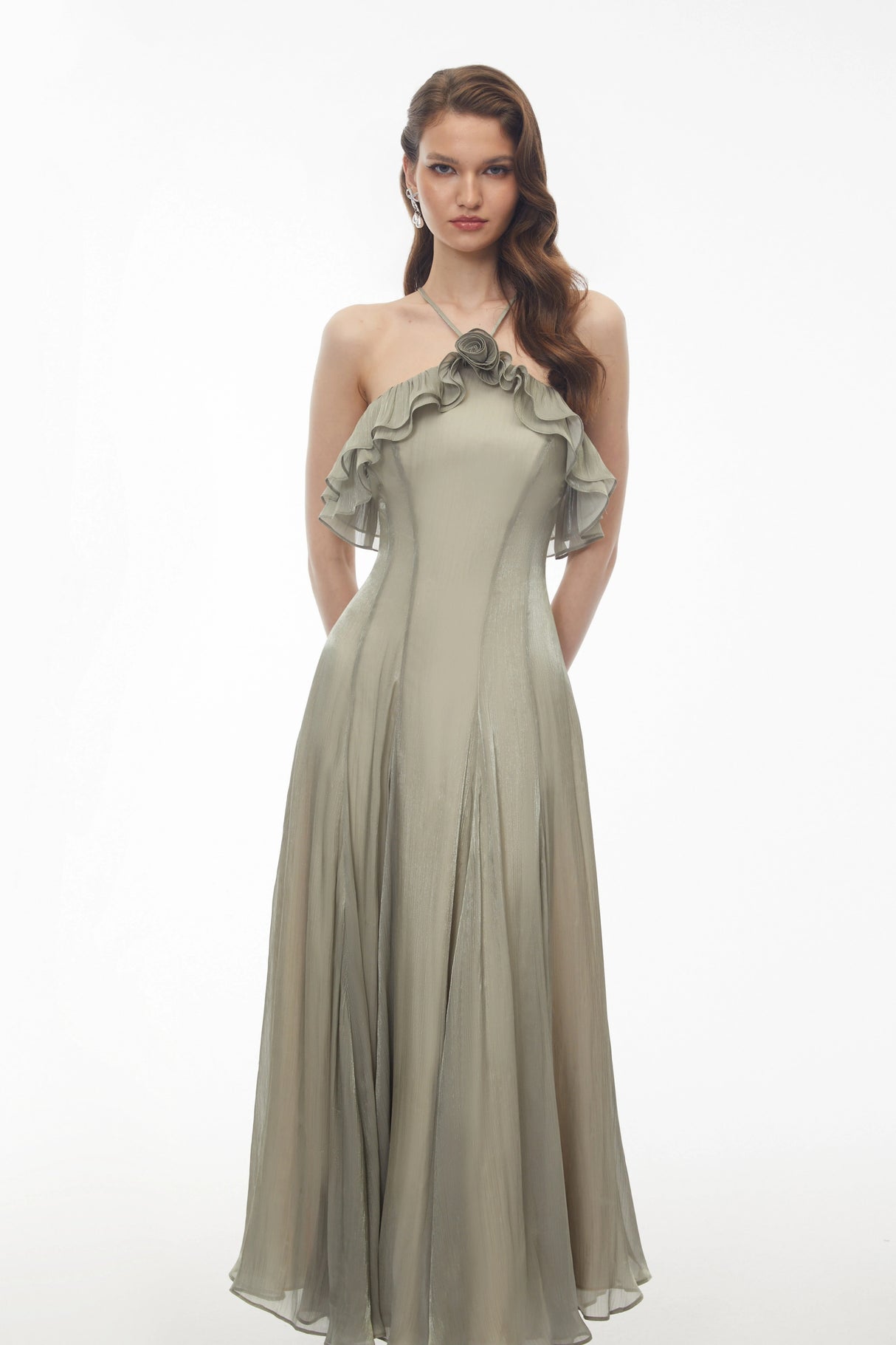 Bianka Green Pleated Maxi Dress with 3D Florals