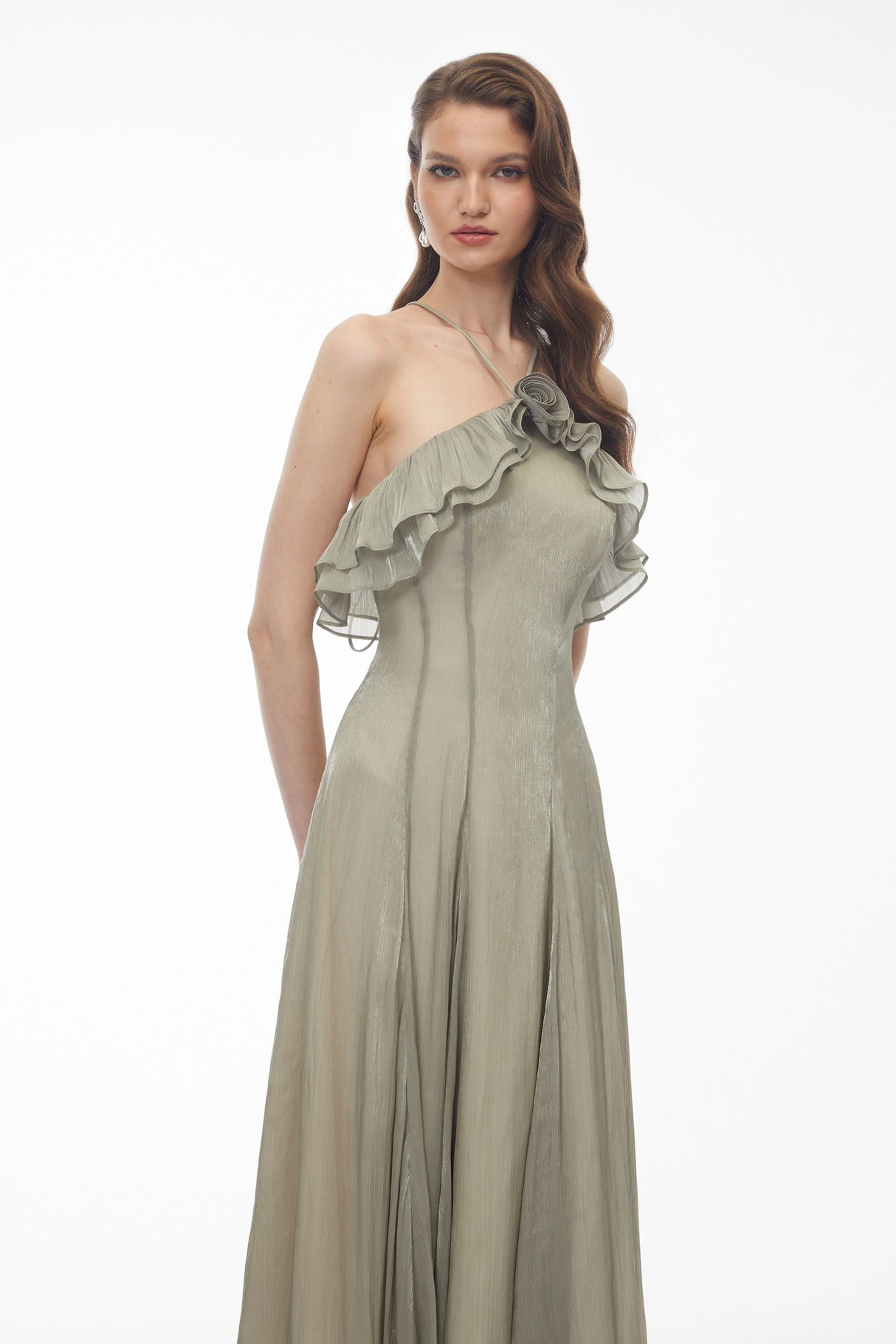 Bianka Green Pleated Maxi Dress with 3D Florals