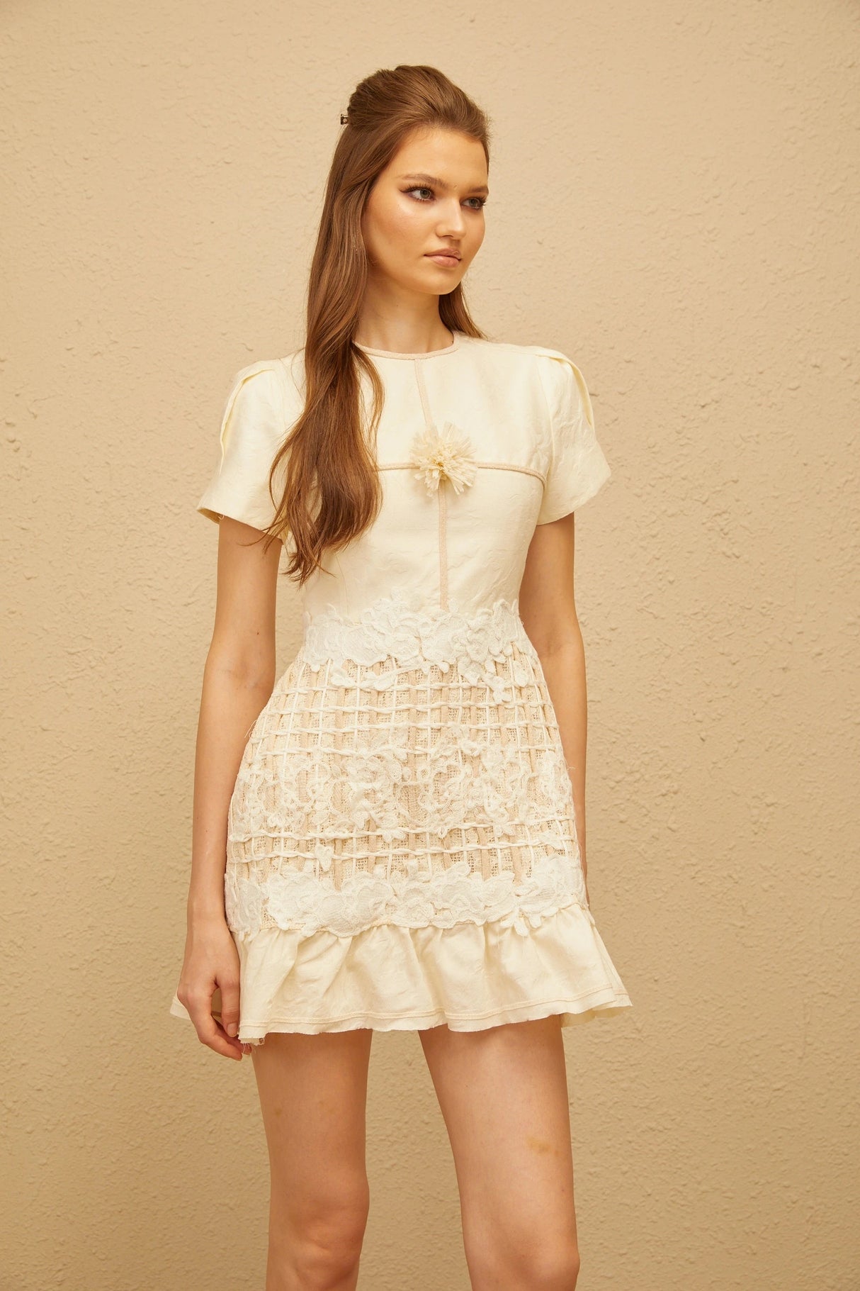 Bianka Neutral Crochet Floral Mini Dress