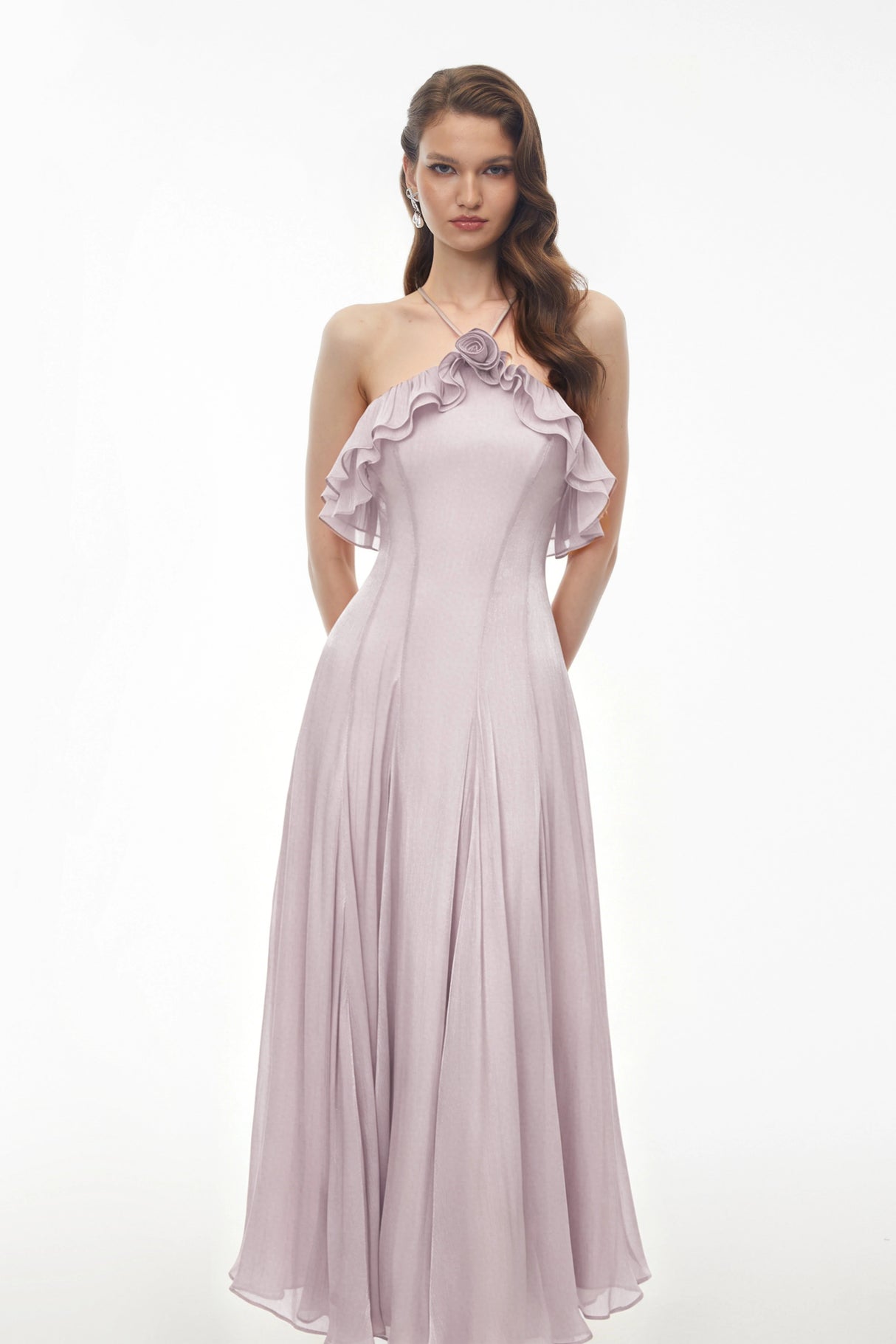 Bianka Purple Pleated Maxi Dress with 3D Florals