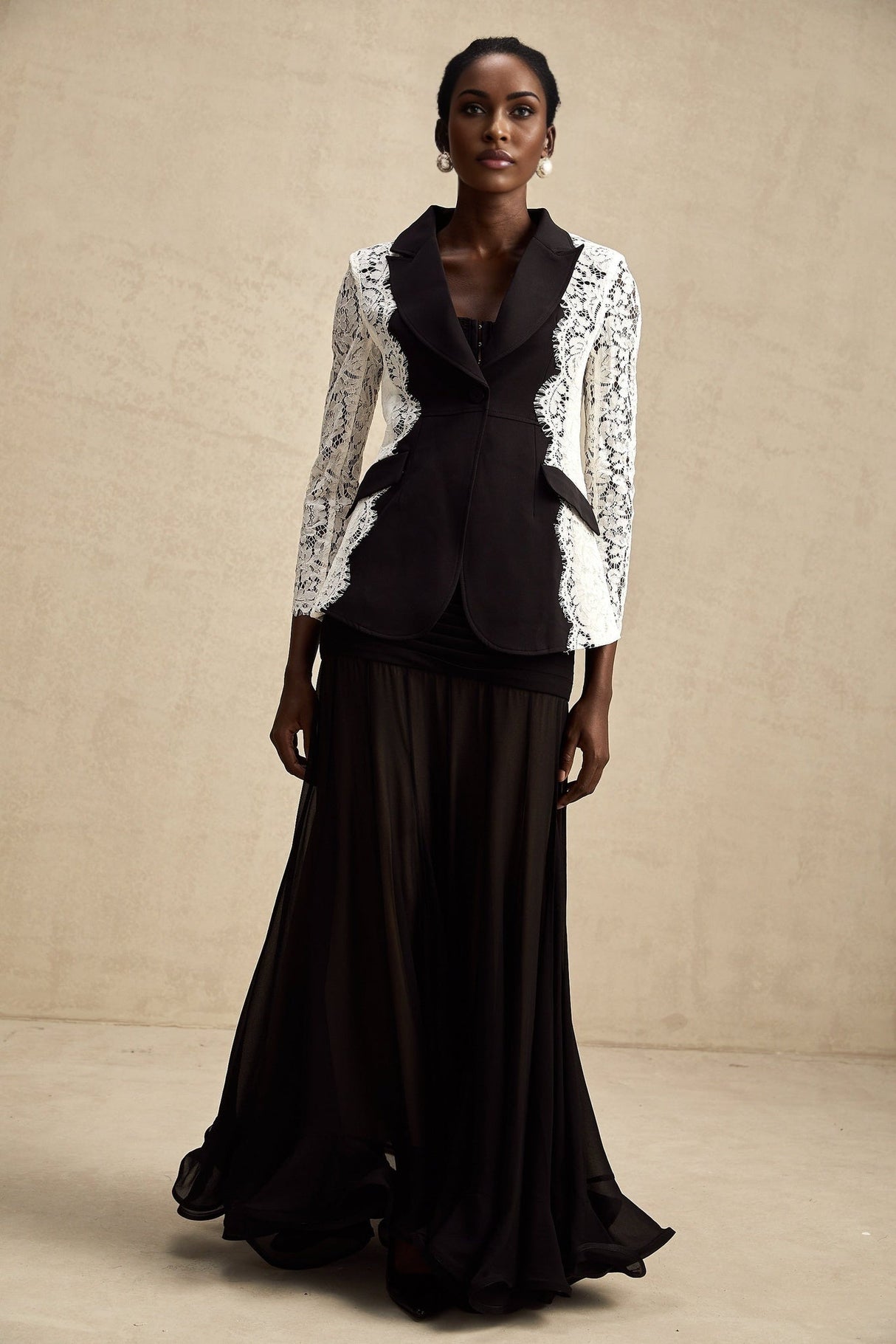 Bice Blazer - Long Sleeves - Color Blocking - Panel Design - Lace Trim