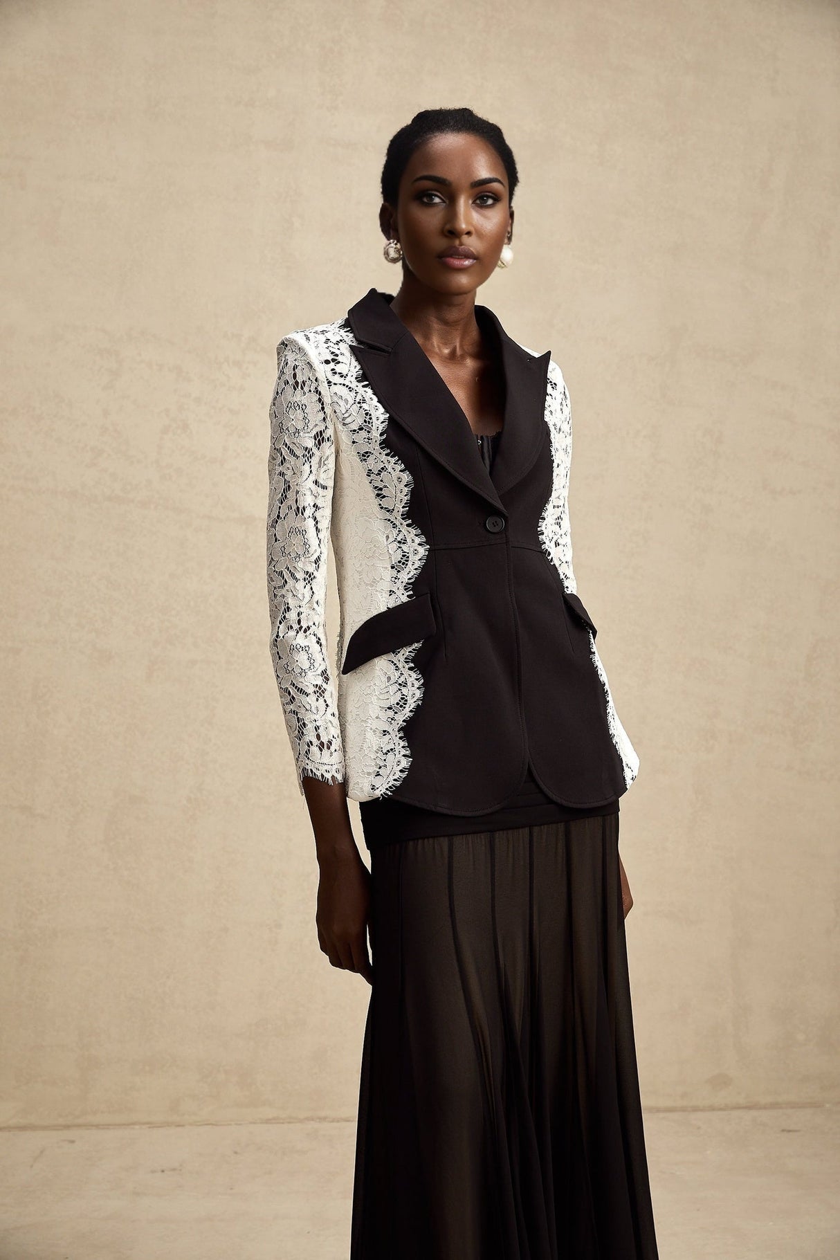 Bice Blazer - Long Sleeves - Color Blocking - Panel Design - Lace Trim