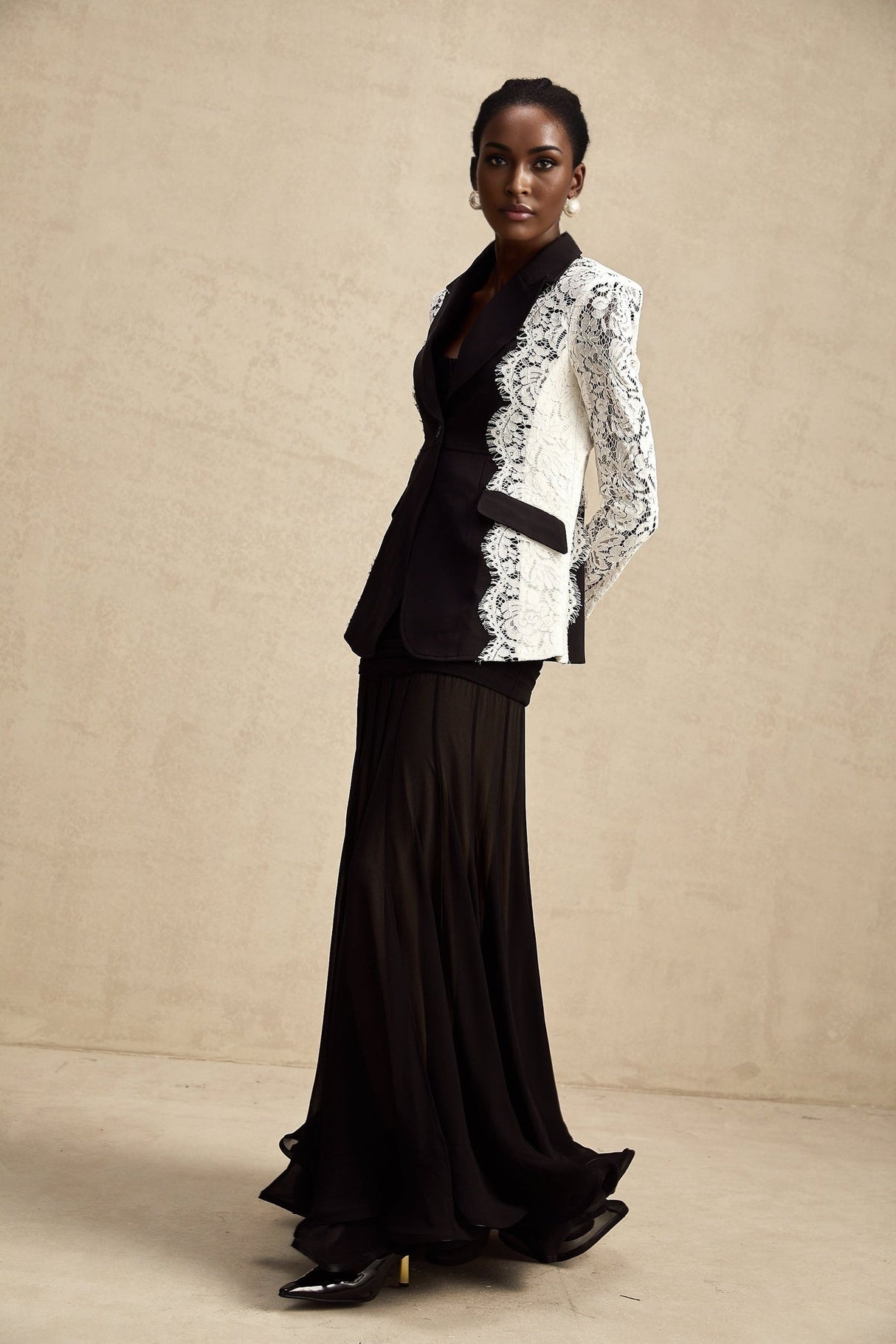 Bice Blazer - Long Sleeves - Color Blocking - Panel Design - Lace Trim