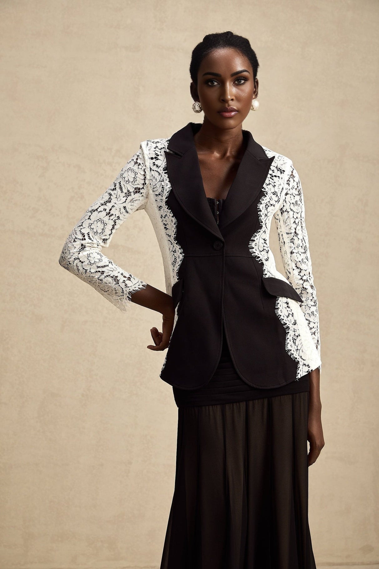 Bice Blazer - Long Sleeves - Color Blocking - Panel Design - Lace Trim