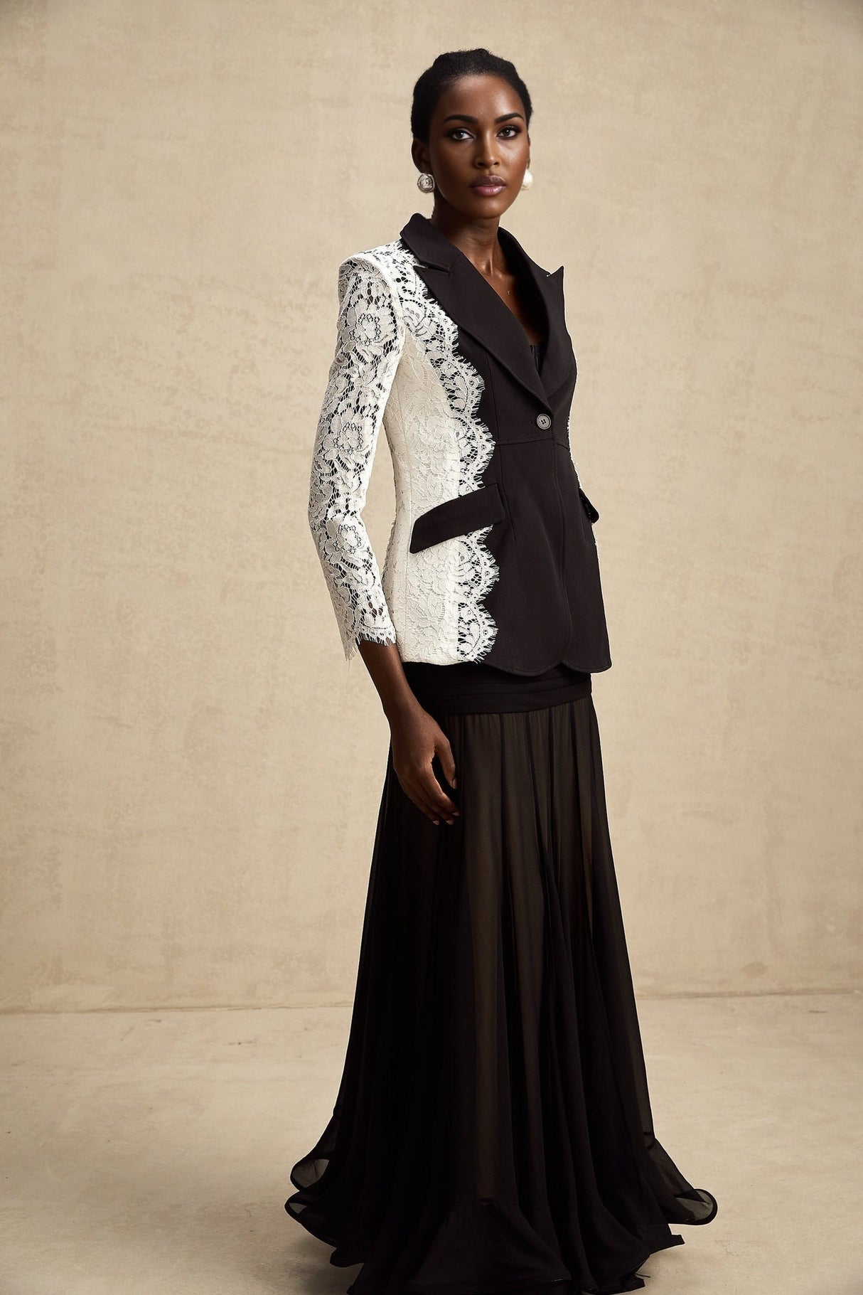 Bice Blazer - Long Sleeves - Color Blocking - Panel Design - Lace Trim