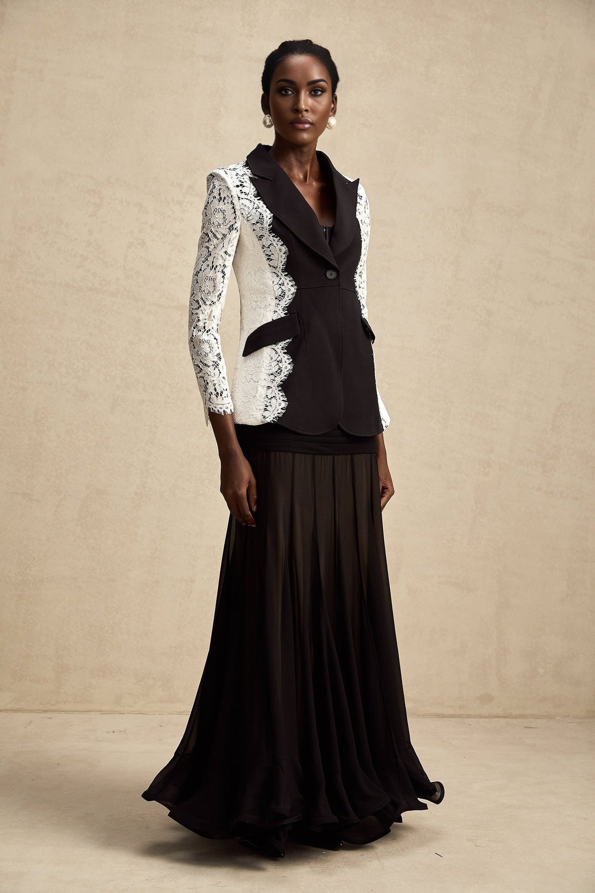 Bice Blazer - Long Sleeves - Color Blocking - Panel Design - Lace Trim