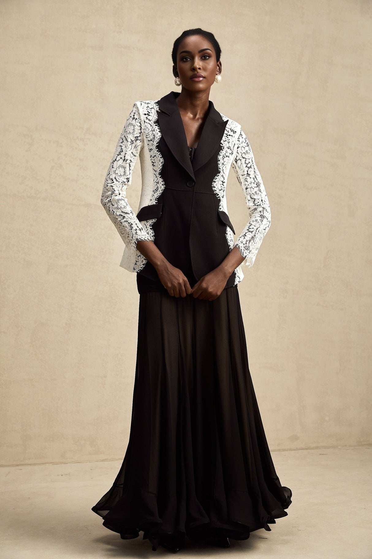 Bice Blazer - Long Sleeves - Color Blocking - Panel Design - Lace Trim