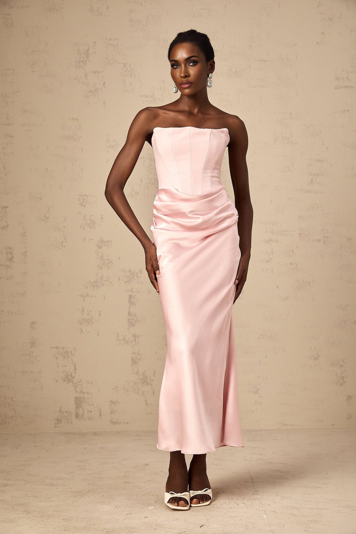 Bice Maxi Dress - Off the Shoulder - Pleat Detailing - Corset Style - Flared Hem - Satin Finish