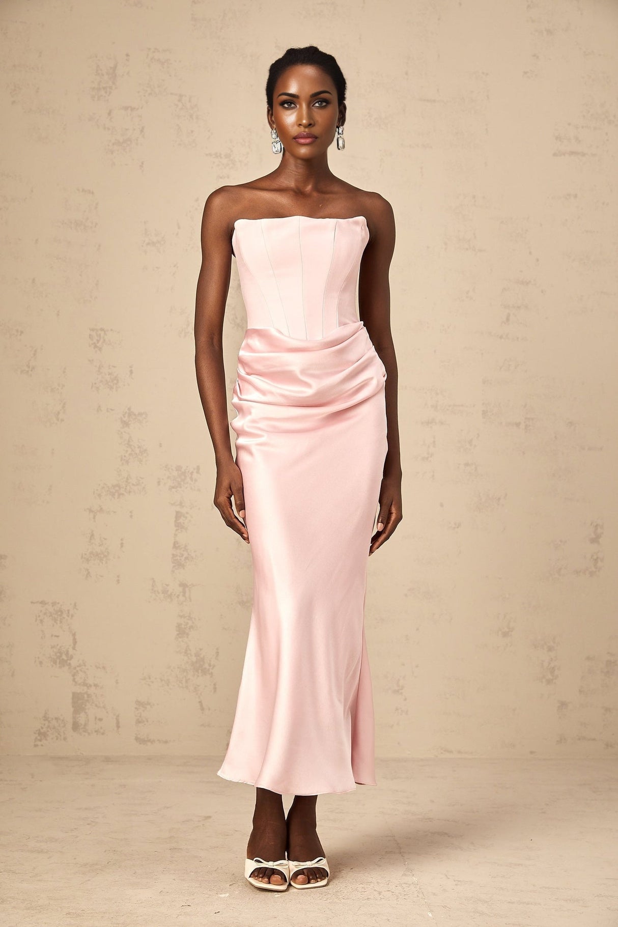 Bice Maxi Dress - Off the Shoulder - Pleat Detailing - Corset Style - Flared Hem - Satin Finish