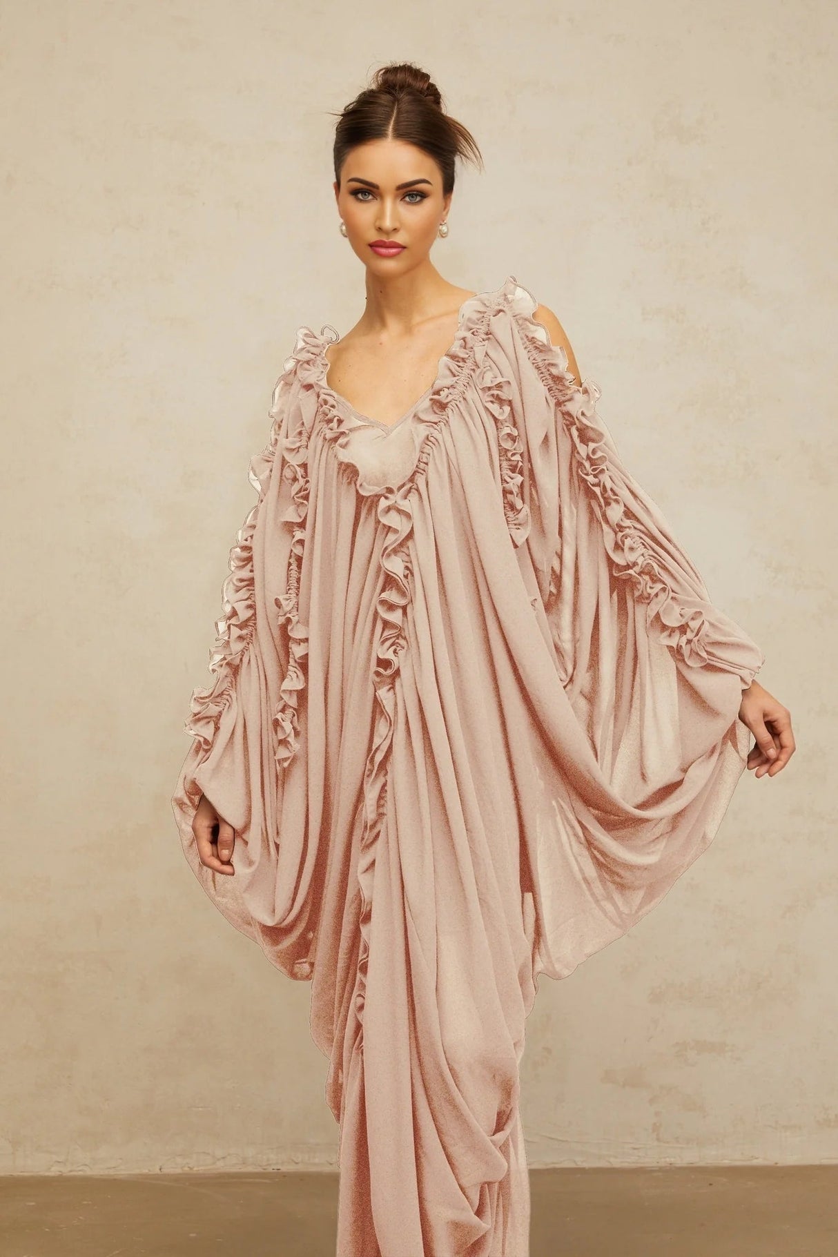 Bice Maxi Dress Ruffled - Trim Tulle & V - Neck