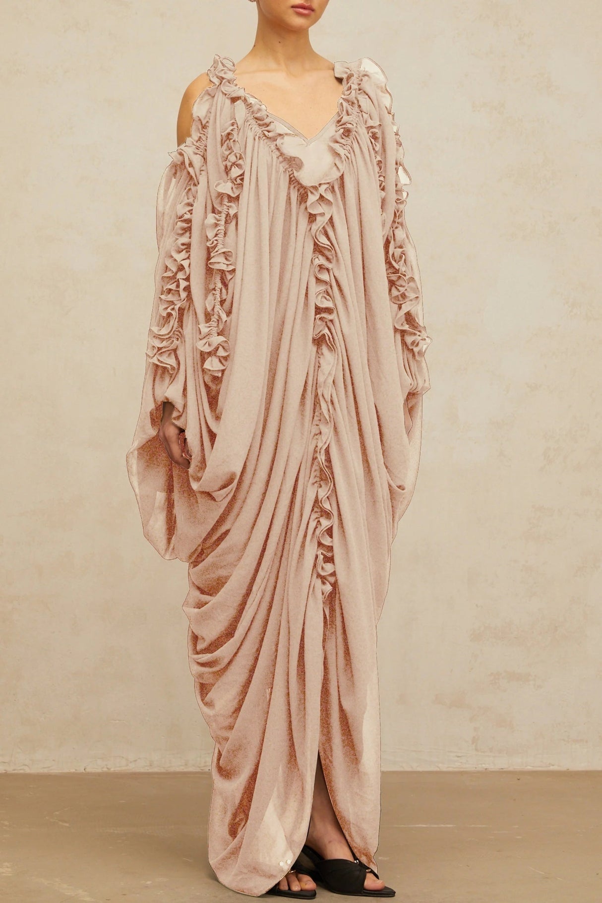 Bice Maxi Dress Ruffled - Trim Tulle & V - Neck