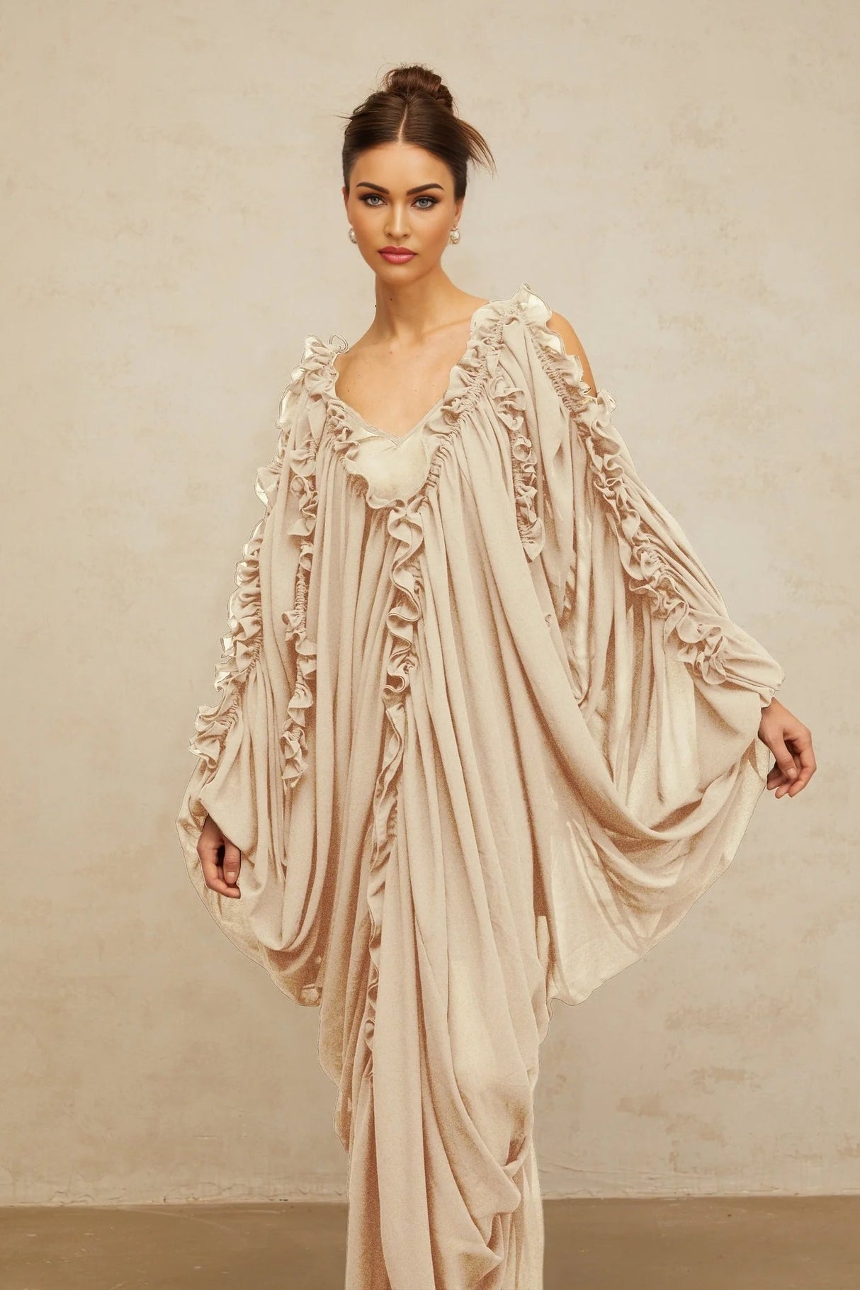 Bice Maxi Dress Ruffled - Trim Tulle & V - Neck