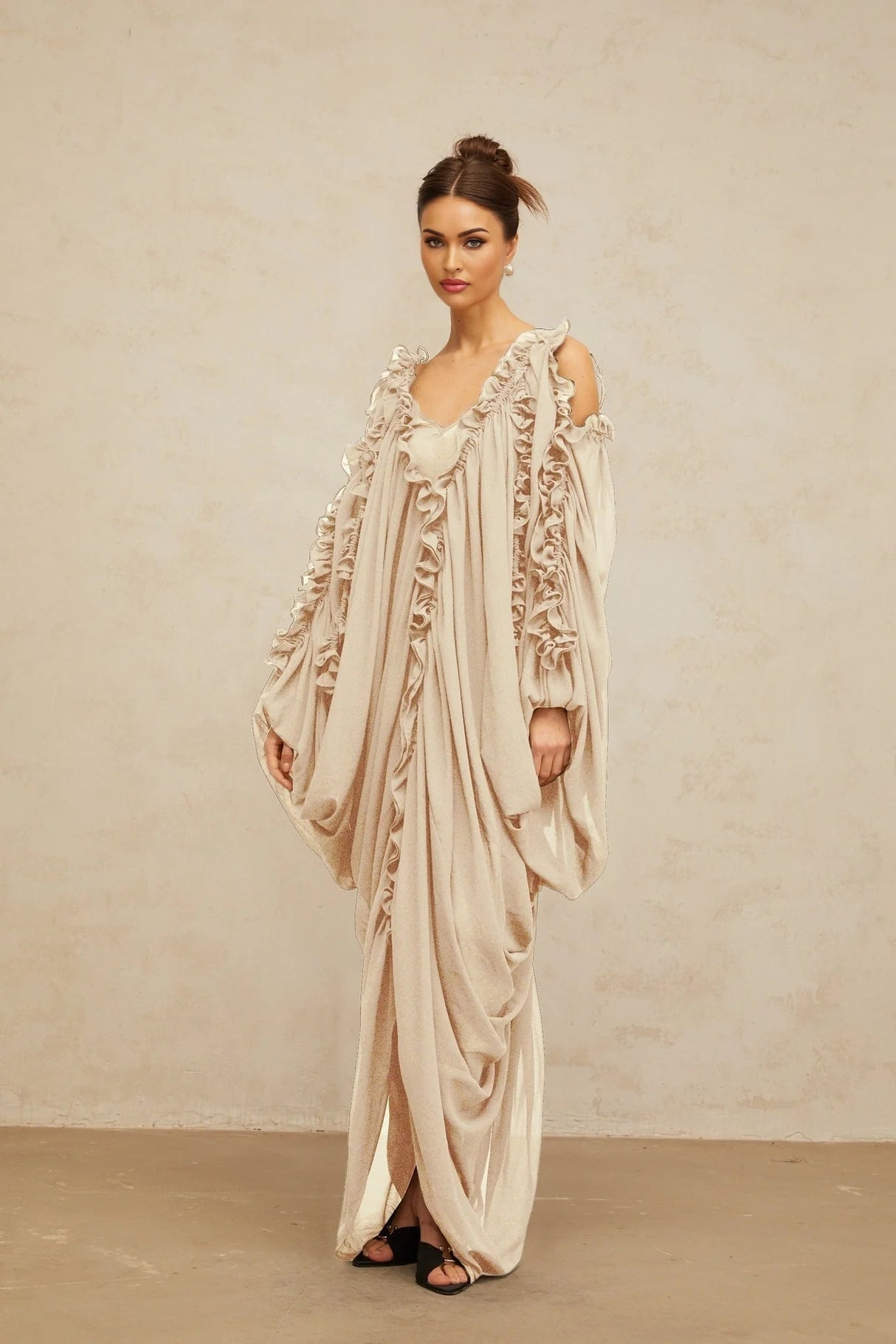 Bice Maxi Dress Ruffled - Trim Tulle & V - Neck