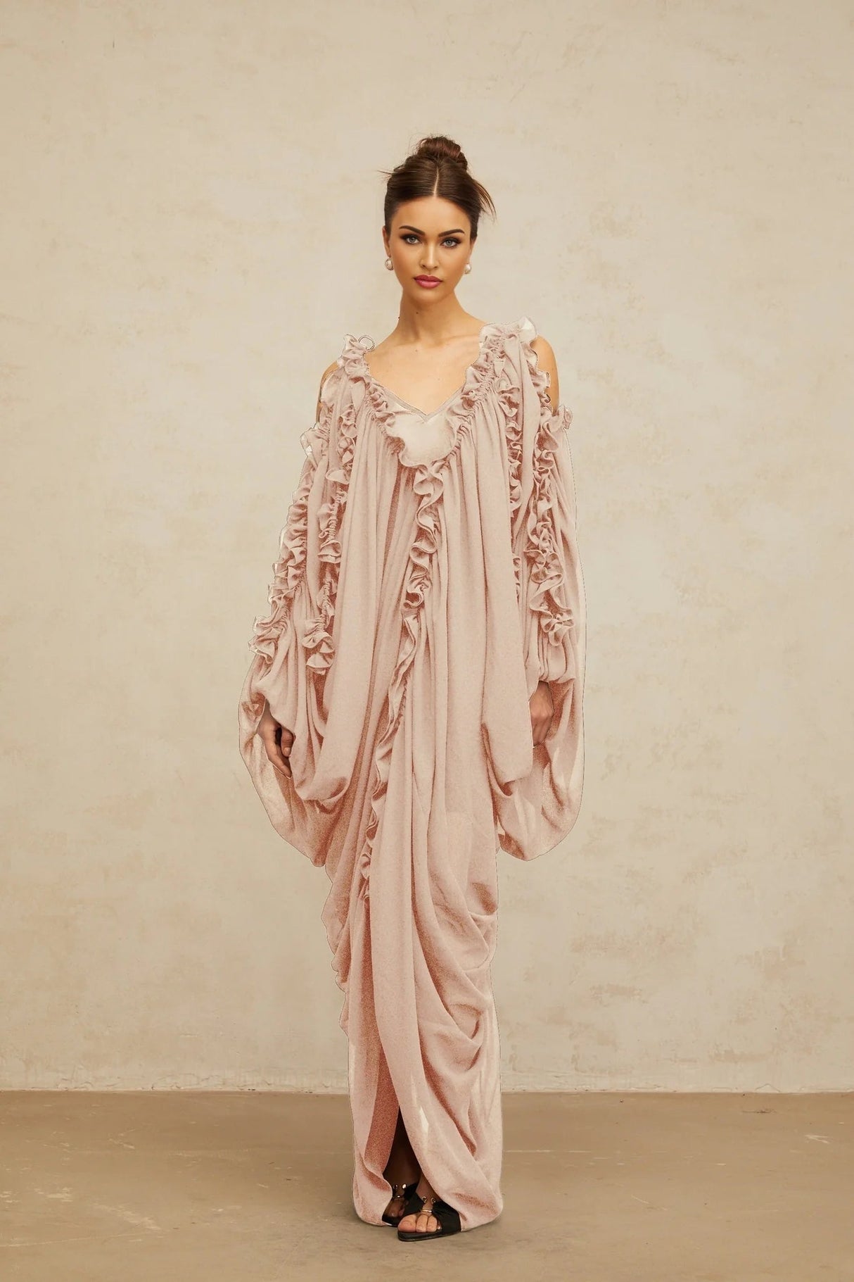 Bice Maxi Dress Ruffled - Trim Tulle & V - Neck