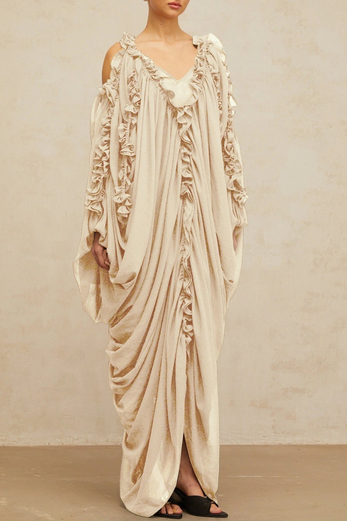 Bice Maxi Dress Ruffled - Trim Tulle & V - Neck