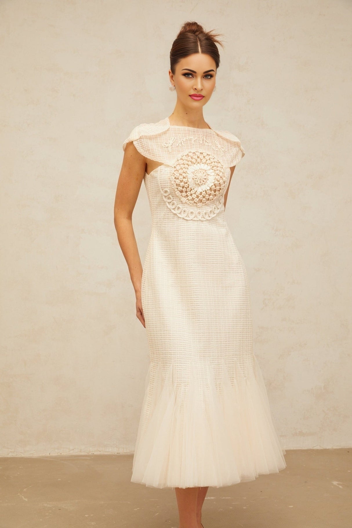 Bice Midi Dress - Cap Sleeves - Jacquard Weave - Tulle Panelling - Cinched Waist