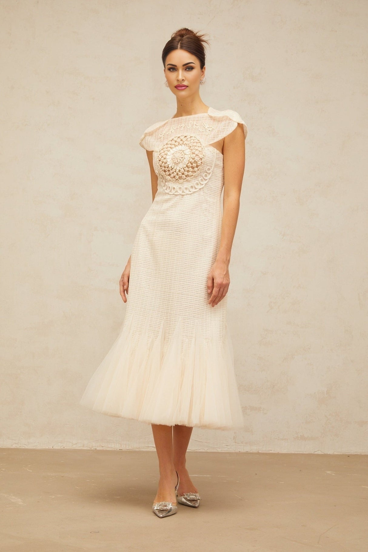 Bice Midi Dress - Cap Sleeves - Jacquard Weave - Tulle Panelling - Cinched Waist