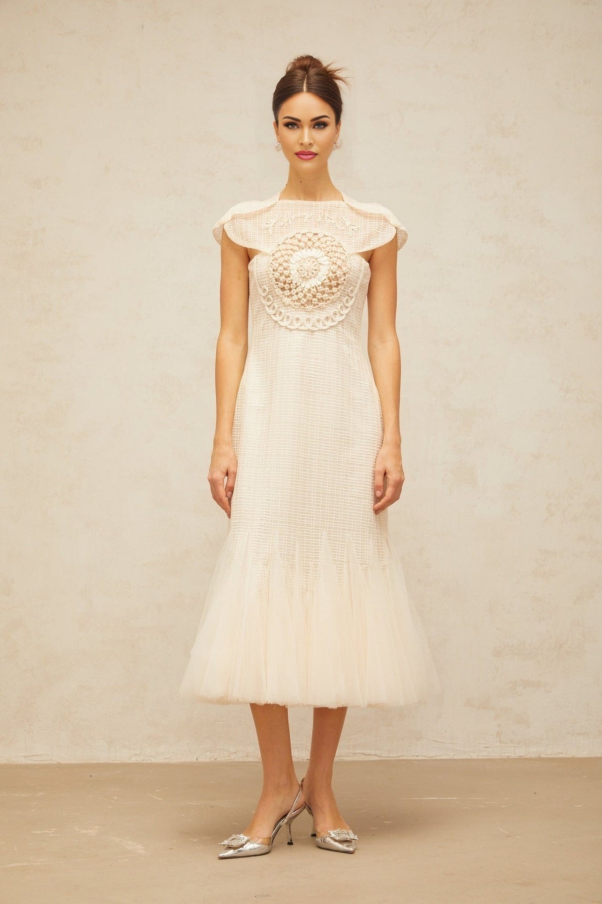 Bice Midi Dress - Cap Sleeves - Jacquard Weave - Tulle Panelling - Cinched Waist