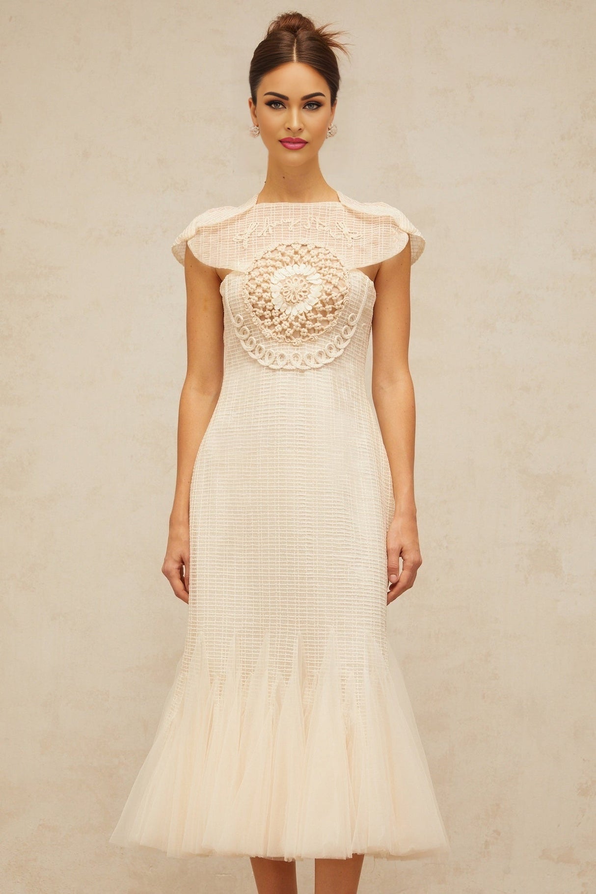 Bice Midi Dress - Cap Sleeves - Jacquard Weave - Tulle Panelling - Cinched Waist