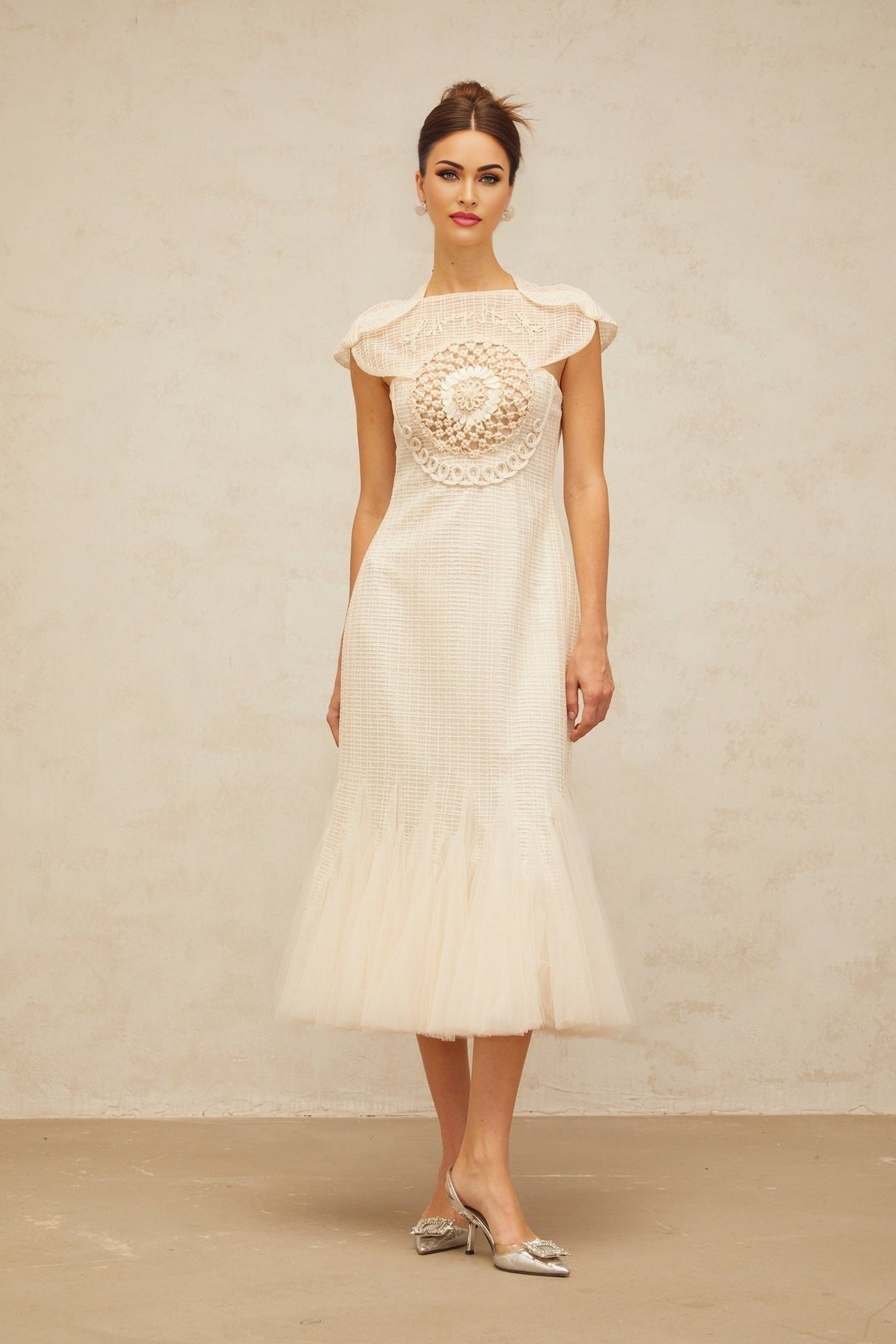Bice Midi Dress - Cap Sleeves - Jacquard Weave - Tulle Panelling - Cinched Waist