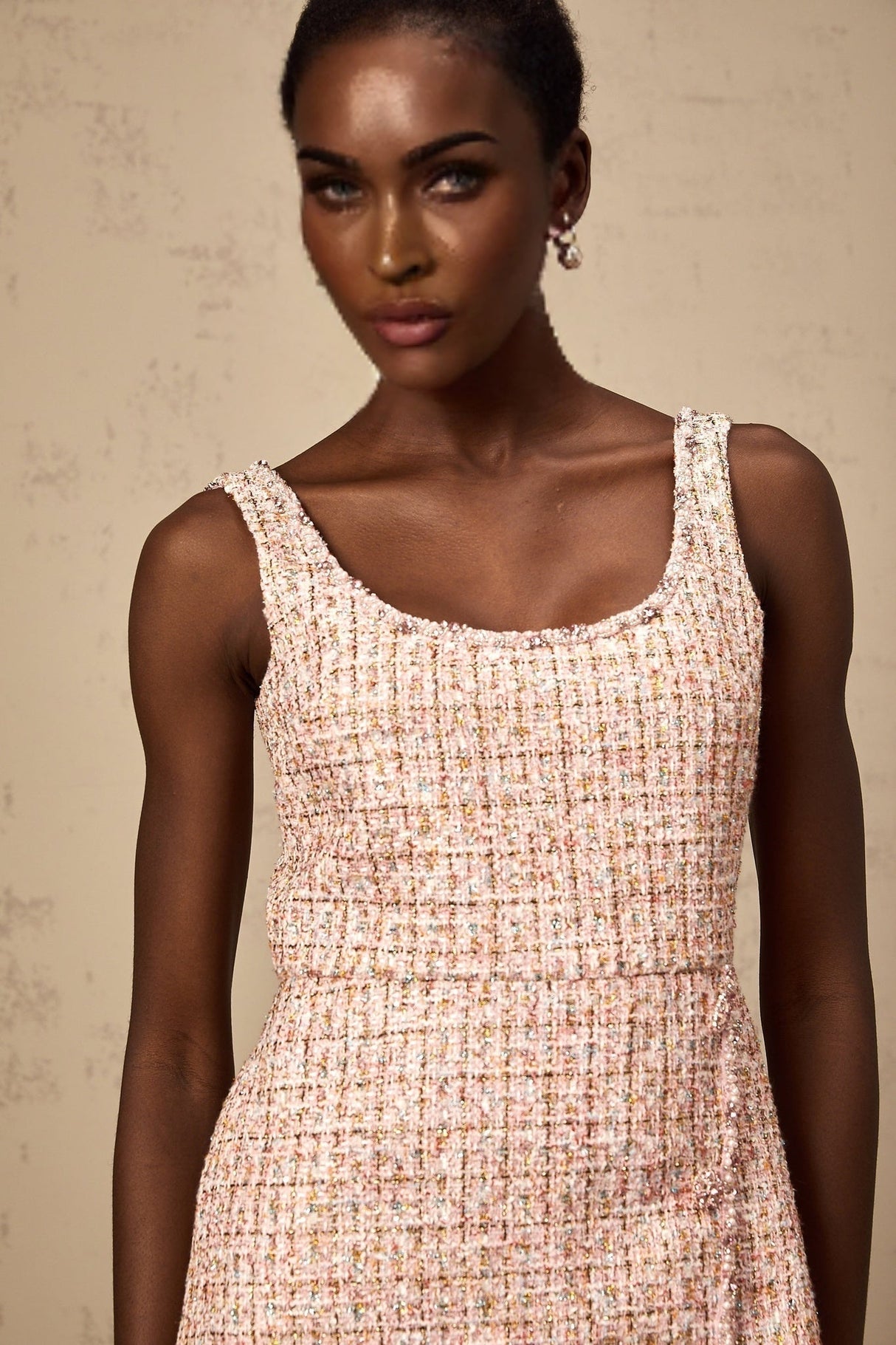 Bice Mini Dress - Crystal Embellished Detail - Cinched Waist - Square Neck - Side Slit