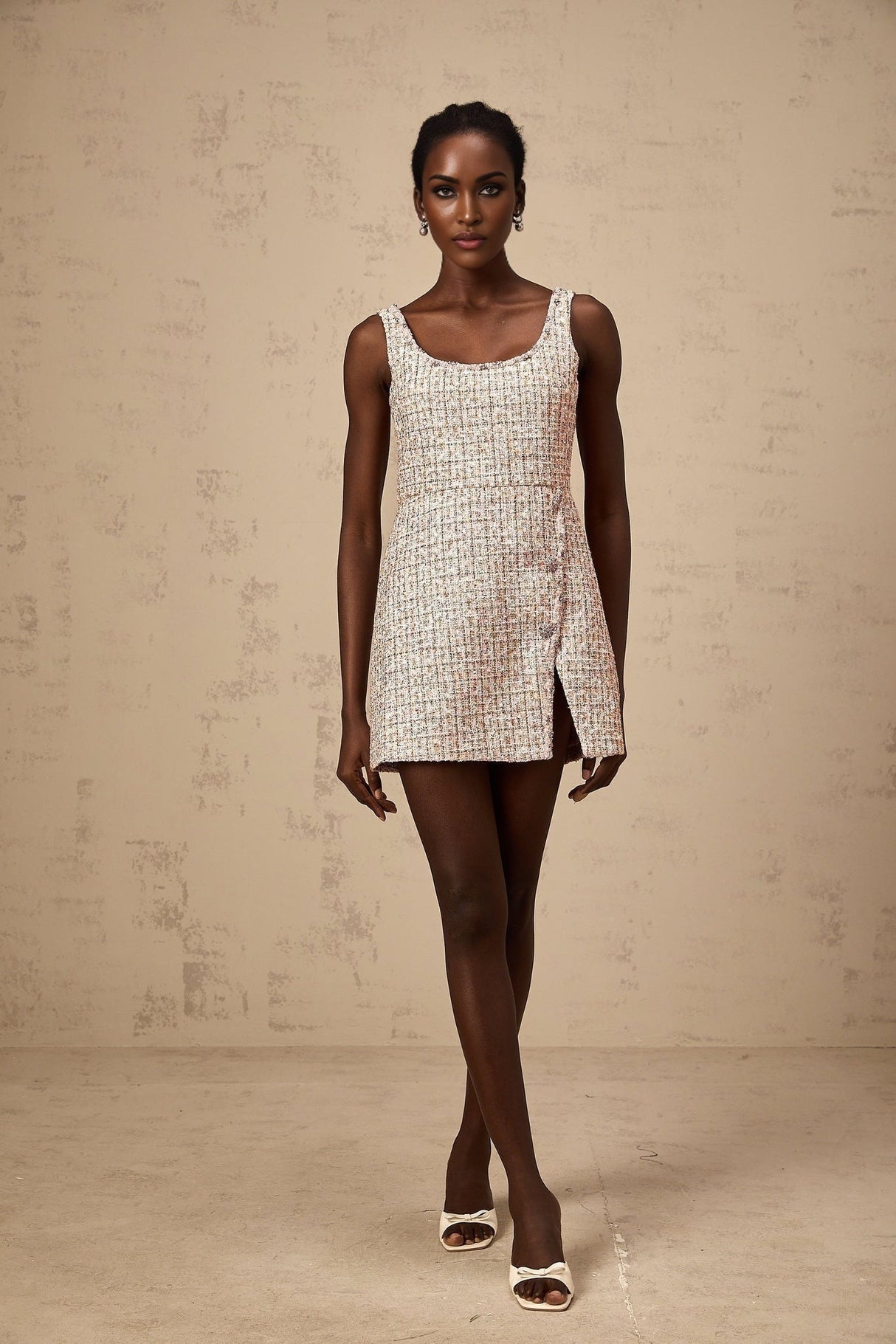 Bice Mini Dress - Crystal Embellished Detail - Cinched Waist - Square Neck - Side Slit