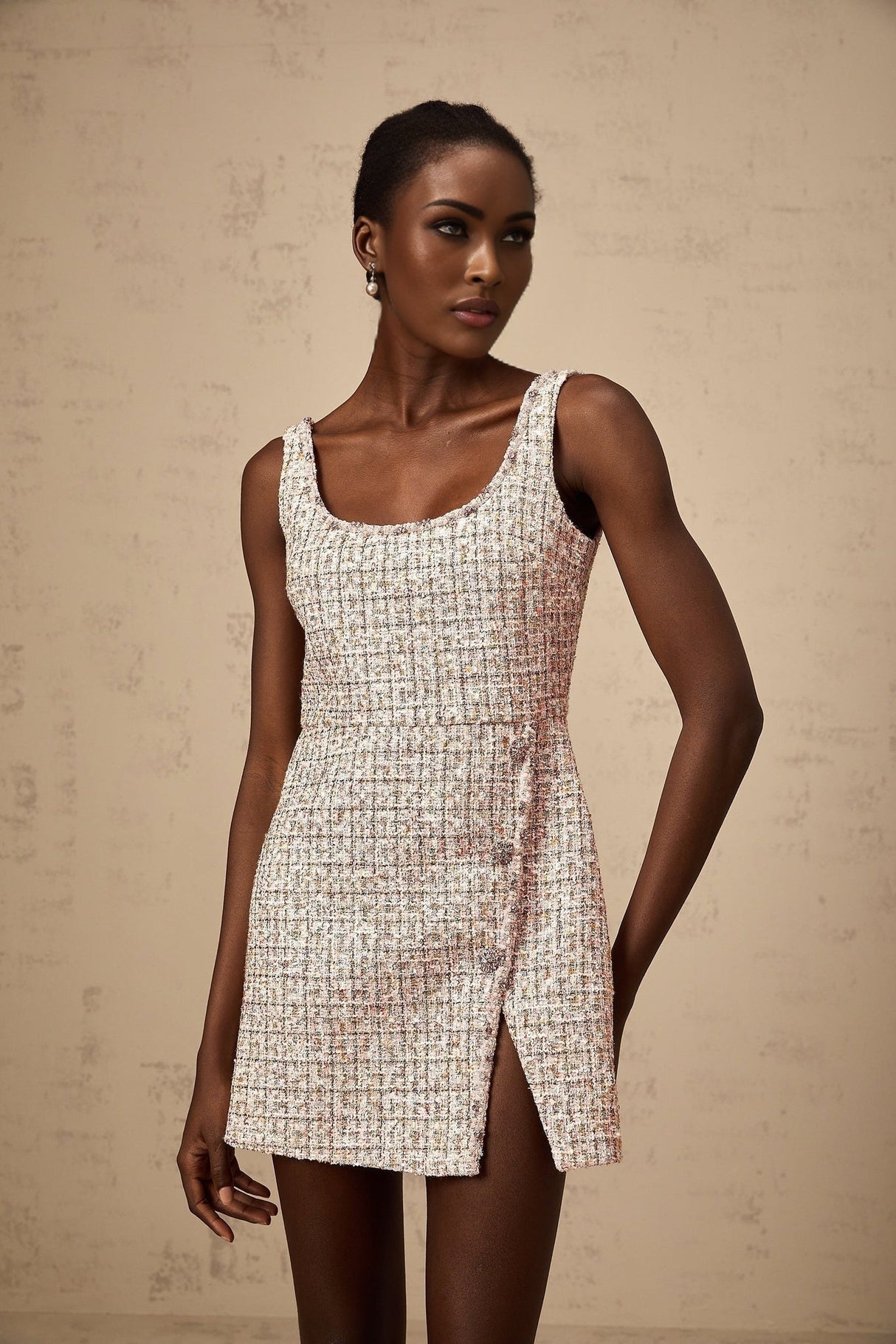 Bice Mini Dress - Crystal Embellished Detail - Cinched Waist - Square Neck - Side Slit