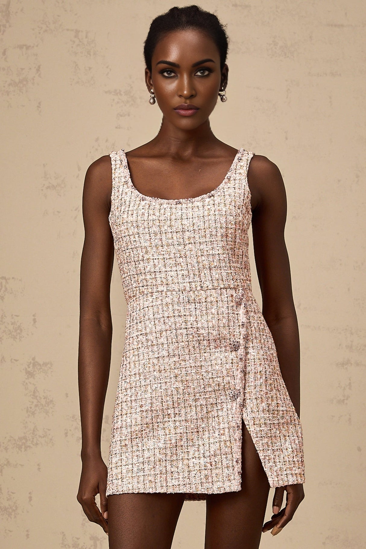 Bice Mini Dress - Crystal Embellished Detail - Cinched Waist - Square Neck - Side Slit