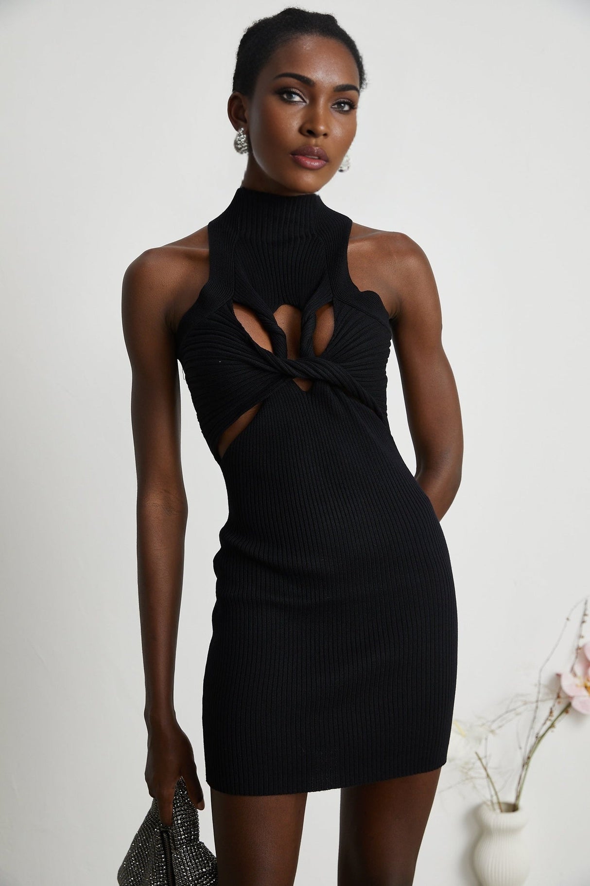 Bice Mini Dress - Sleeveless Round Neck - Twist and Cut - Out Detailing - Stretch