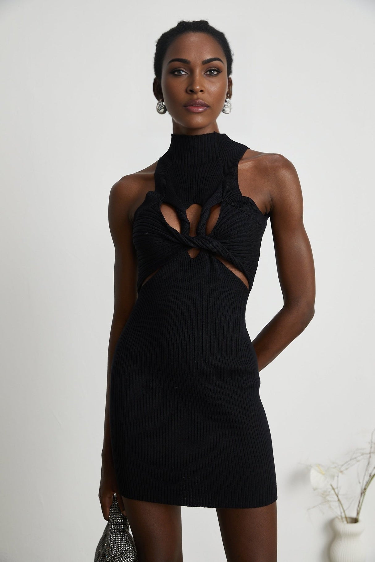 Bice Mini Dress - Sleeveless Round Neck - Twist and Cut - Out Detailing - Stretch