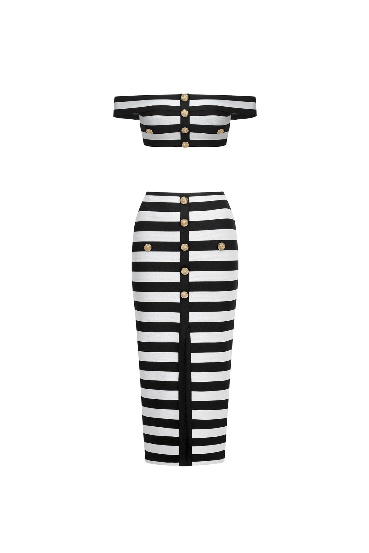 Black Martha Off-the-Shoulder Hollow Out Slit Bandage Midi Two-Piece Set