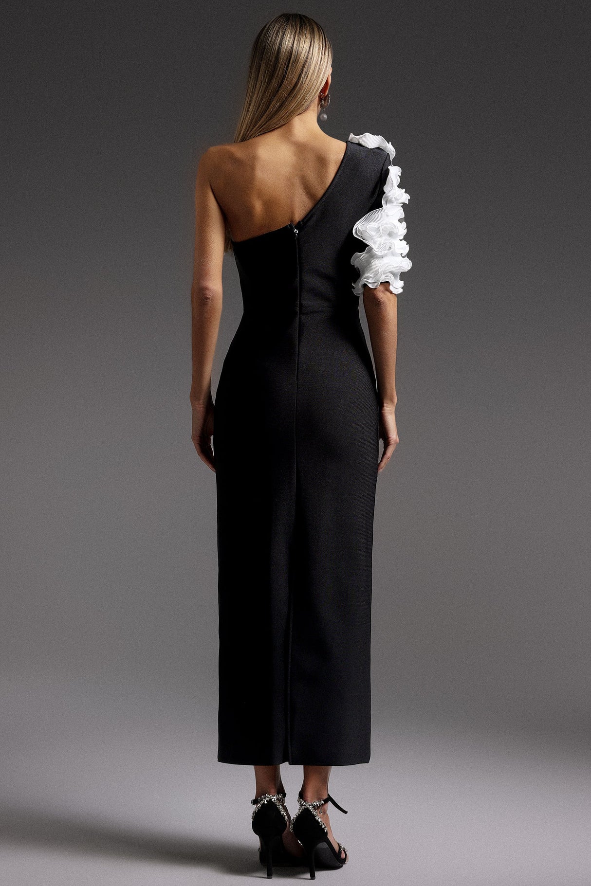 Black One Shoulder Flowers Bandage Midi Dress