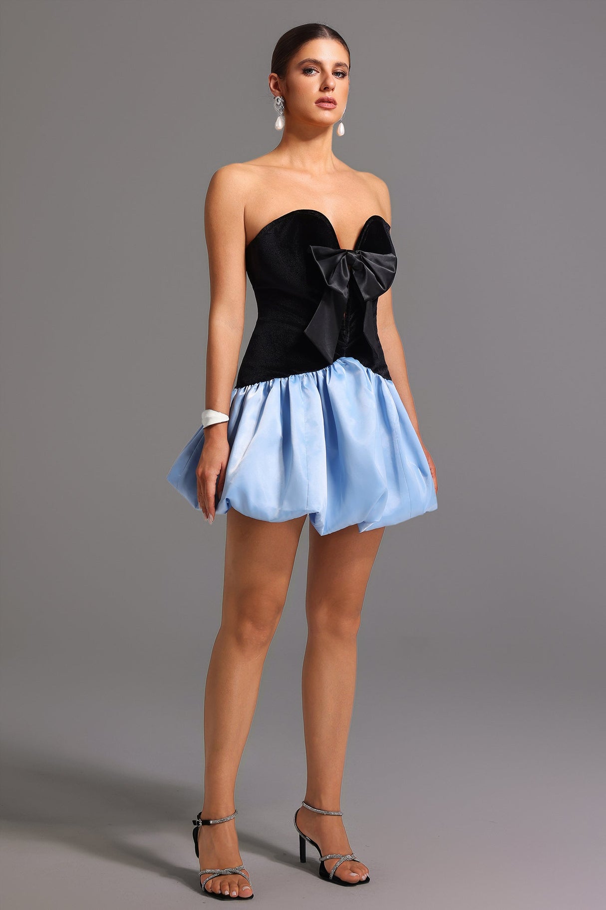 Black Strapless Deep-V Mini Dress with Bow Detailing