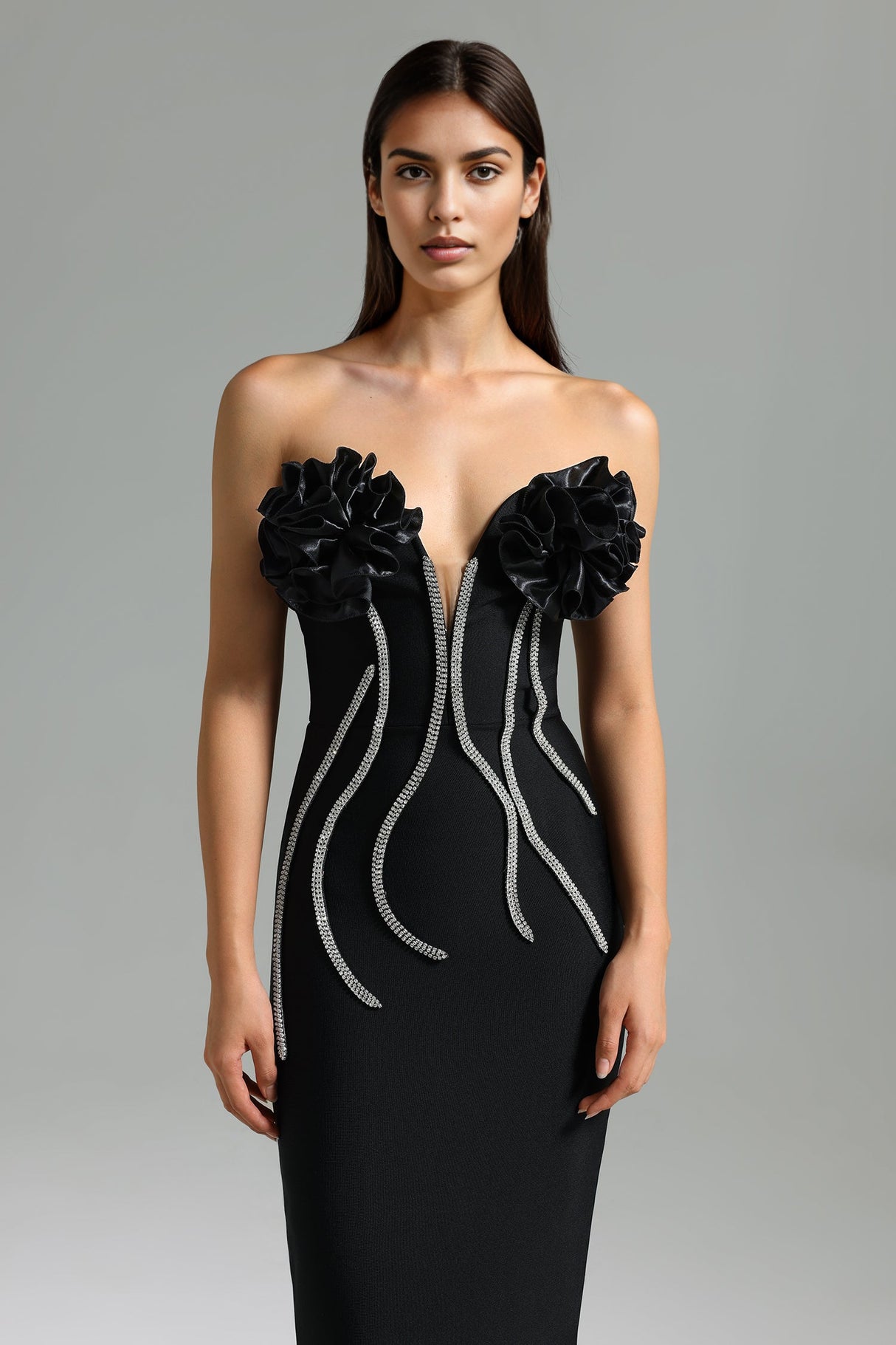 Black Vafa Off Shoulder Diamante Bandage Midi Dress