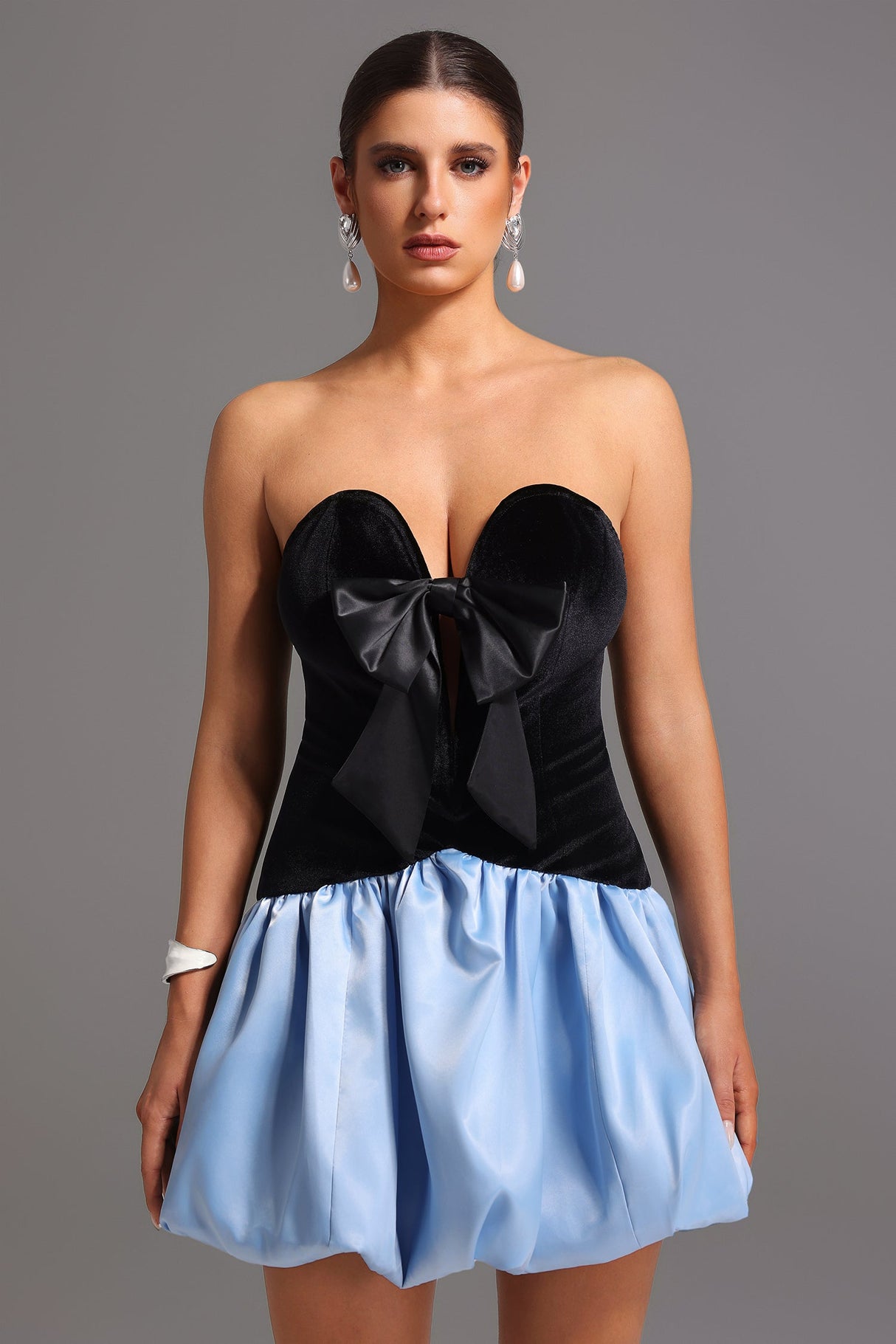 Black Velvet Strapless Deep-V Mini Dress with Bow Detailing