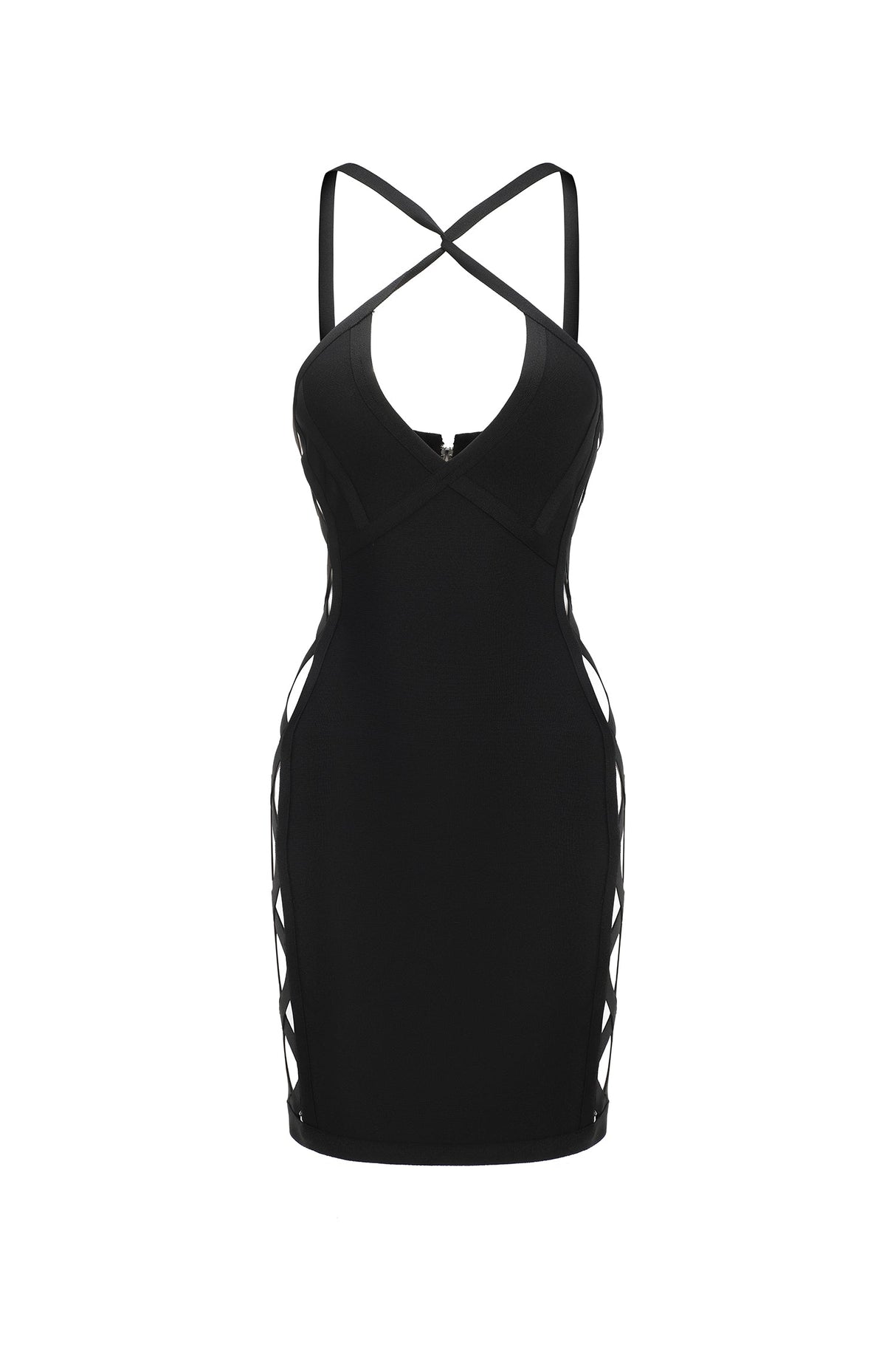Black Veren Halter Sleeveless V-Neck Hollow Out Bandage Mini Dress