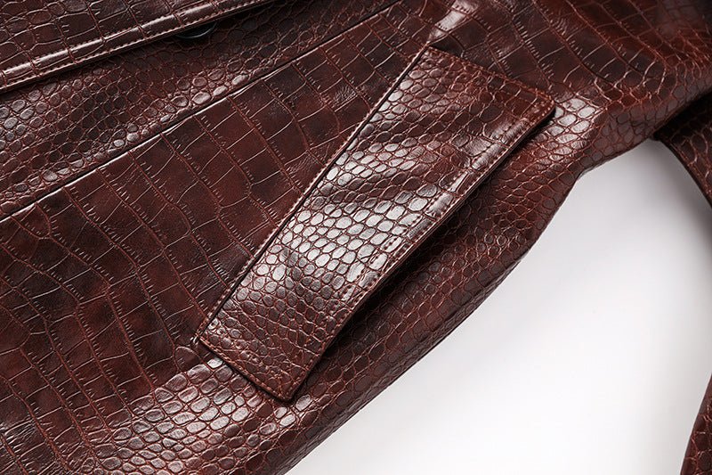 Blair Classic Long Trench Coat - Croc - Embossed Faux Leather with Double - Breasted Buttons