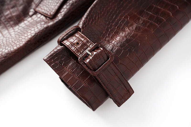 Blair Classic Long Trench Coat - Croc - Embossed Faux Leather with Double - Breasted Buttons