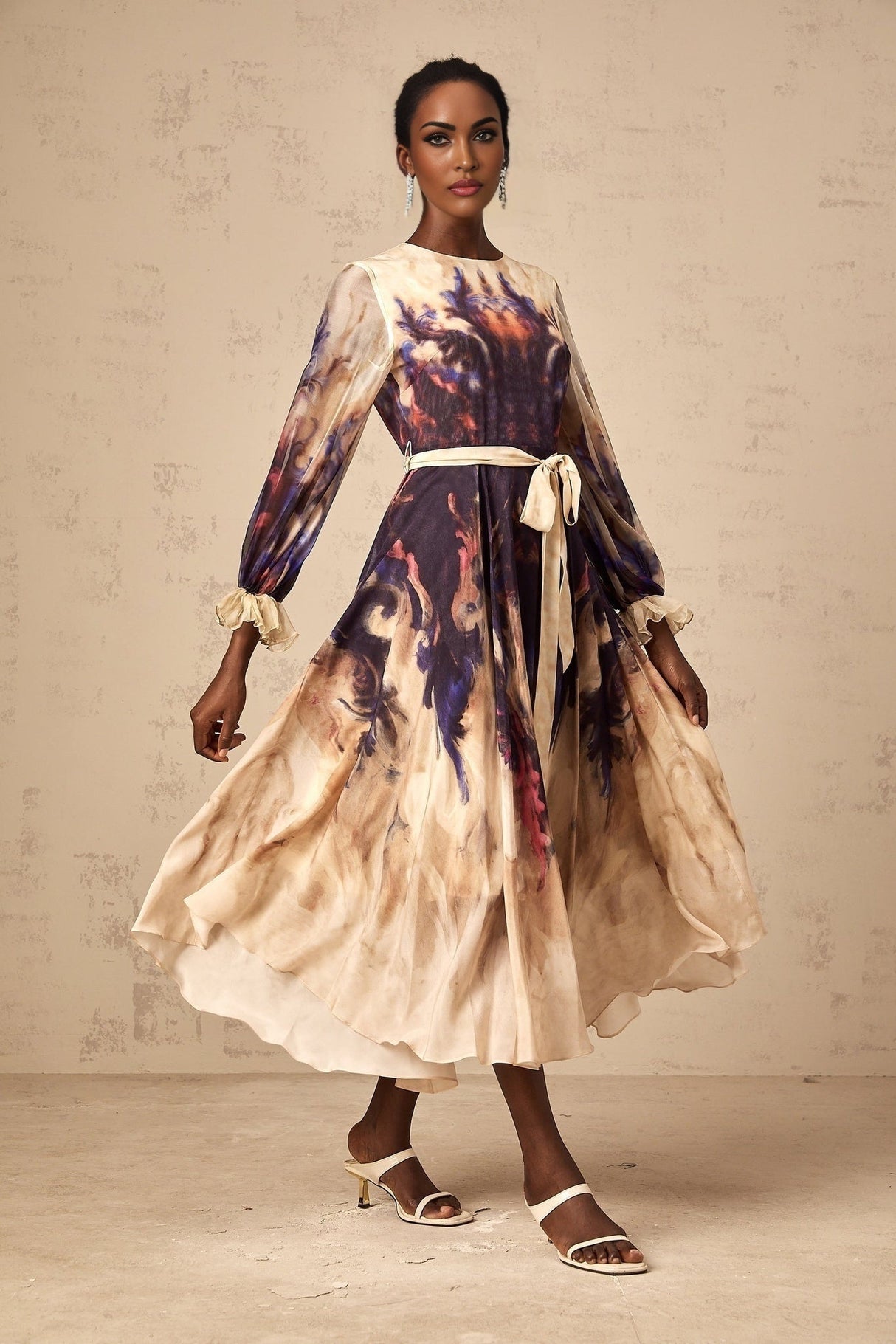 Blair Midi Dress – Smudged Graffiti Print – Pleated Detailing – Self - Tie Design