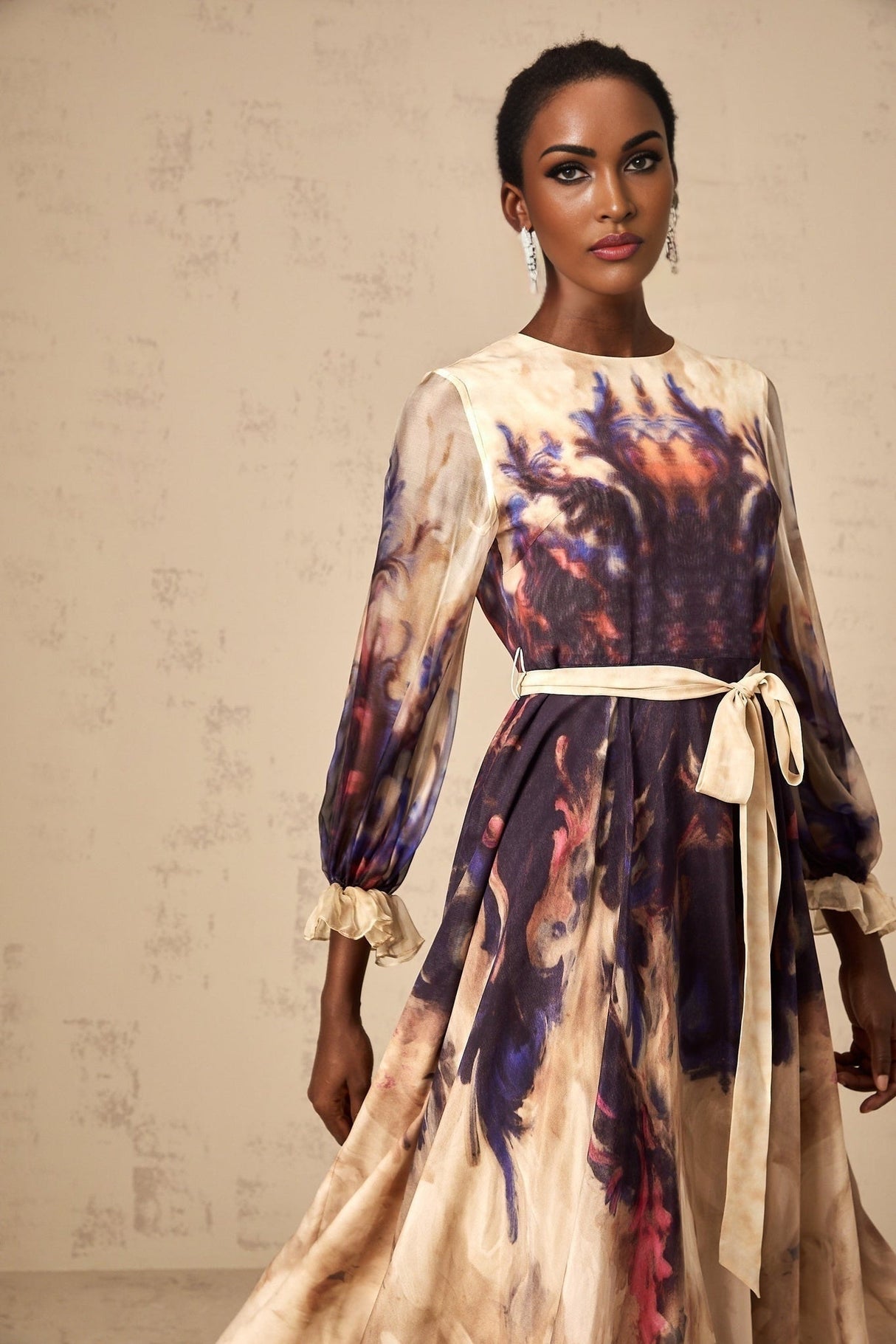 Blair Midi Dress – Smudged Graffiti Print – Pleated Detailing – Self - Tie Design