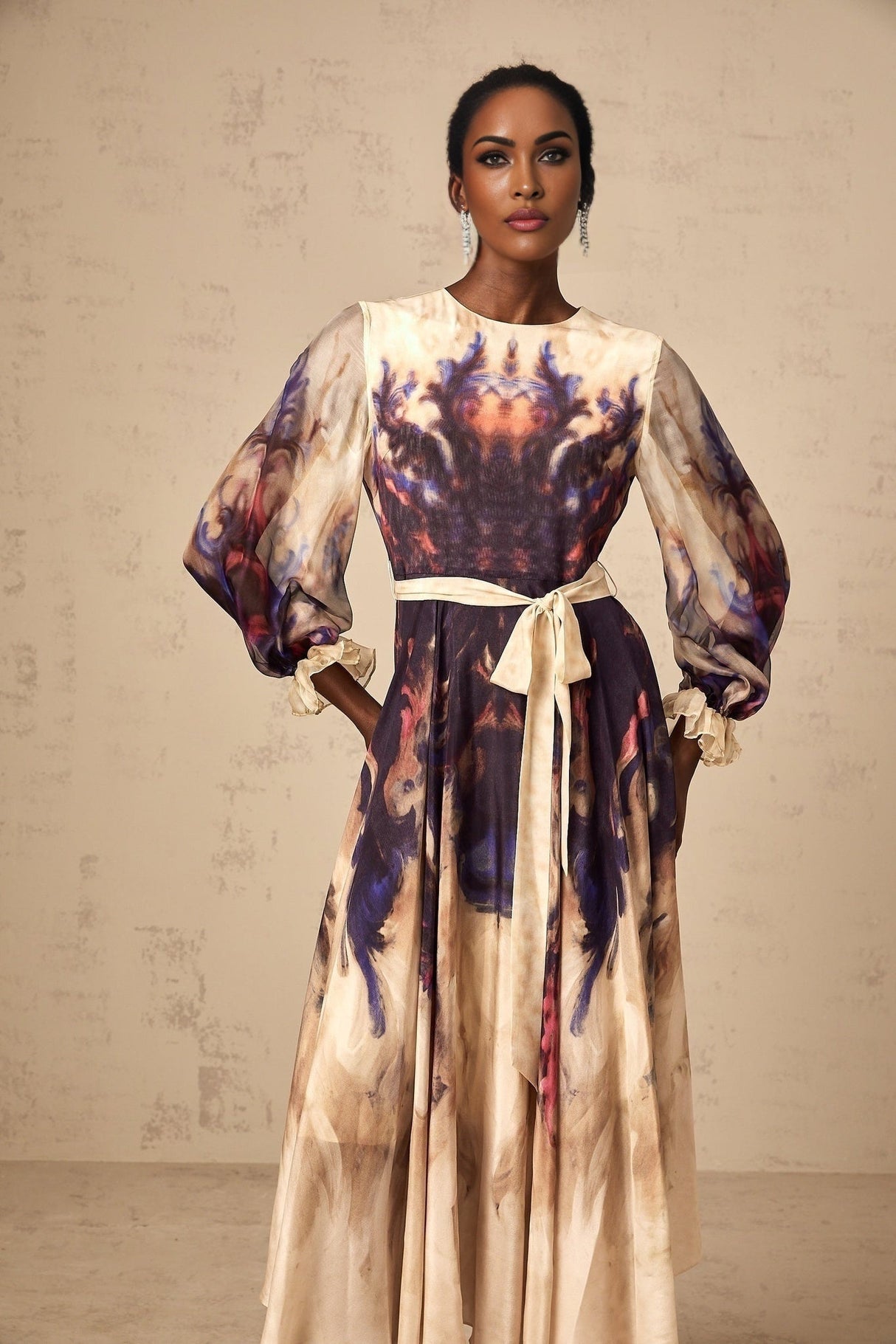 Blair Midi Dress – Smudged Graffiti Print – Pleated Detailing – Self - Tie Design