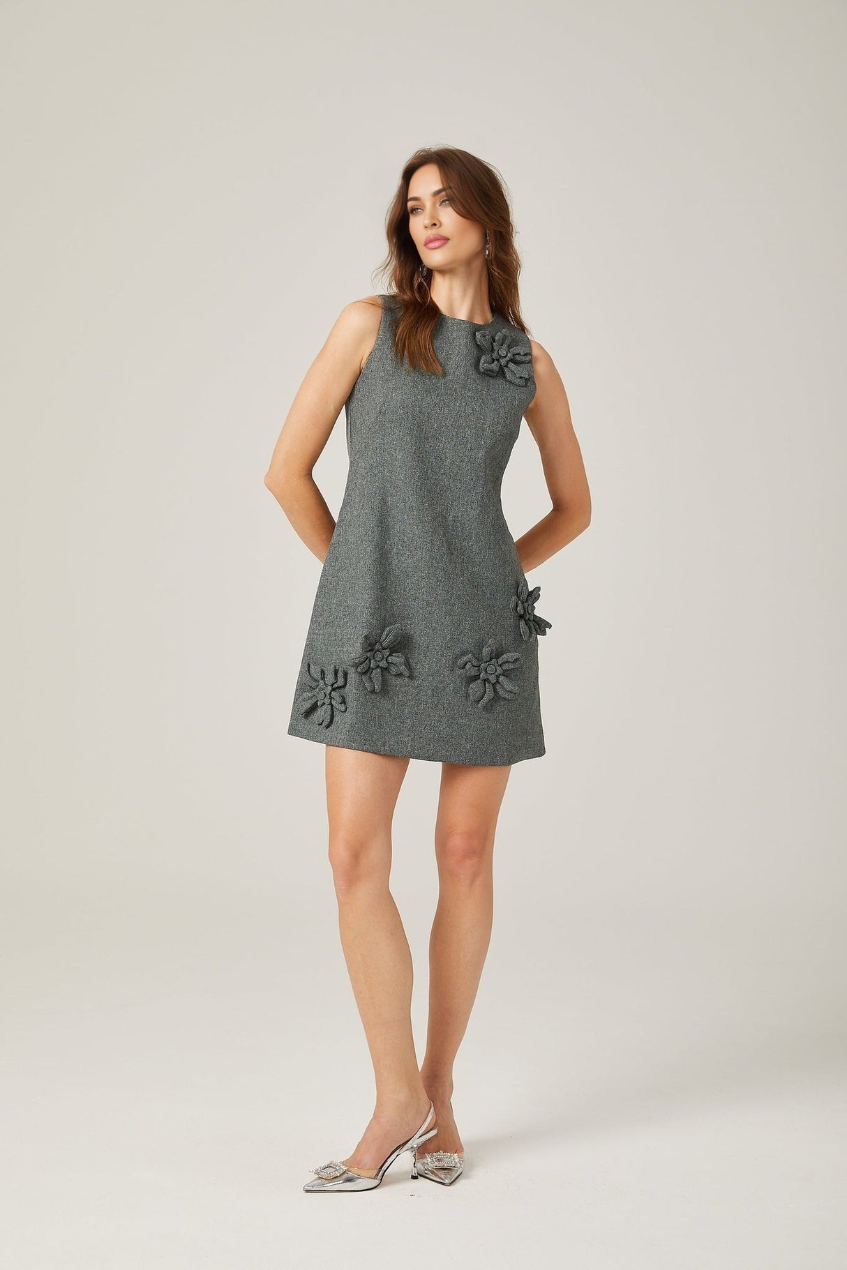 Blair Mini Dress - Sleeveless - Round Neck - Faux - Flower Design - Thigh Length